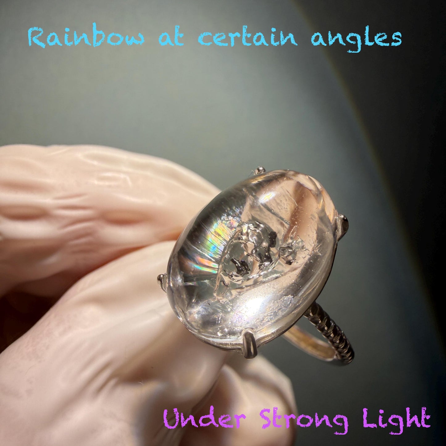 Rare Polished Enhydro Quartz (Herkimer Diamond) S925 Silver Adjustable Ring: Mild Rainbow Moving Black Tourmaline & Still Bubble Inclusion Crystal Statement Ring for Women ring crystal band ring crystal cocktail ring crystal stackable ring 7 chakra crystal ring meditation crystal healing stone birthstone silver ring ring for men rainbow quartz minerals specimen inclusion quartz