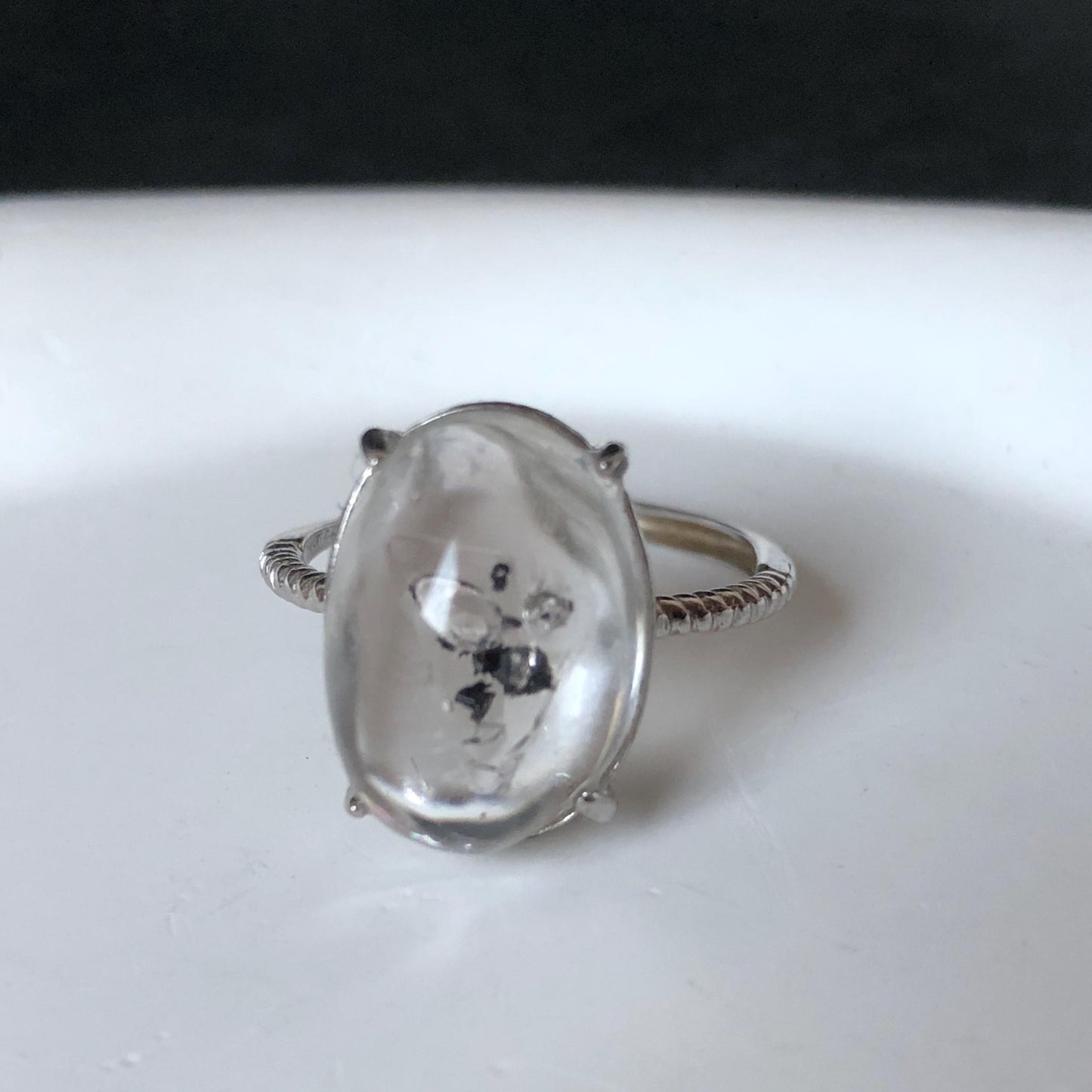 Rare Polished Enhydro Quartz (Herkimer Diamond) S925 Silver Adjustable Ring: Mild Rainbow Moving Black Tourmaline & Still Bubble Inclusion Crystal Statement Ring for Women ring crystal band ring crystal cocktail ring crystal stackable ring 7 chakra crystal ring meditation crystal healing stone birthstone silver ring ring for men rainbow quartz minerals specimen inclusion quartz