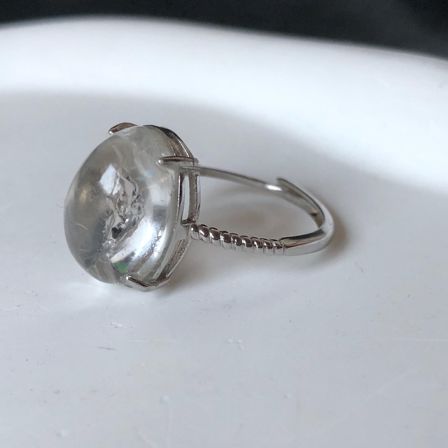 Rare Polished Enhydro Quartz (Herkimer Diamond) S925 Silver Adjustable Ring: Mild Rainbow Moving Black Tourmaline & Still Bubble Inclusion Crystal Statement Ring for Women ring crystal band ring crystal cocktail ring crystal stackable ring 7 chakra crystal ring meditation crystal healing stone birthstone silver ring ring for men rainbow quartz minerals specimen inclusion quartz