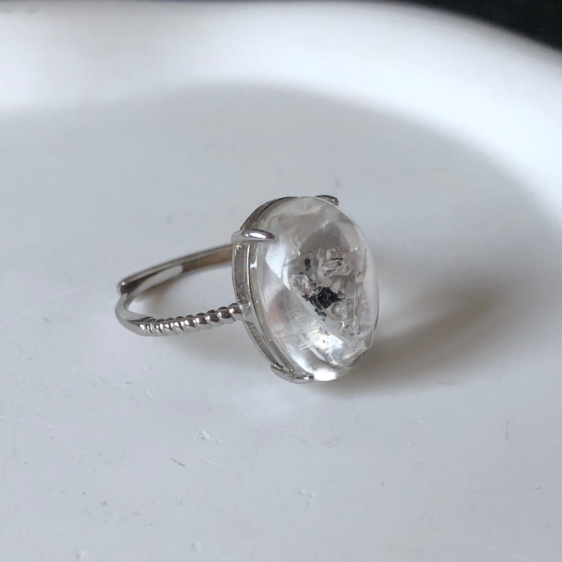 Rare Polished Enhydro Quartz (Herkimer Diamond) S925 Silver Adjustable Ring: Mild Rainbow Moving Black Tourmaline & Still Bubble Inclusion Crystal Statement Ring for Women ring crystal band ring crystal cocktail ring crystal stackable ring 7 chakra crystal ring meditation crystal healing stone birthstone silver ring ring for men rainbow quartz minerals specimen inclusion quartz