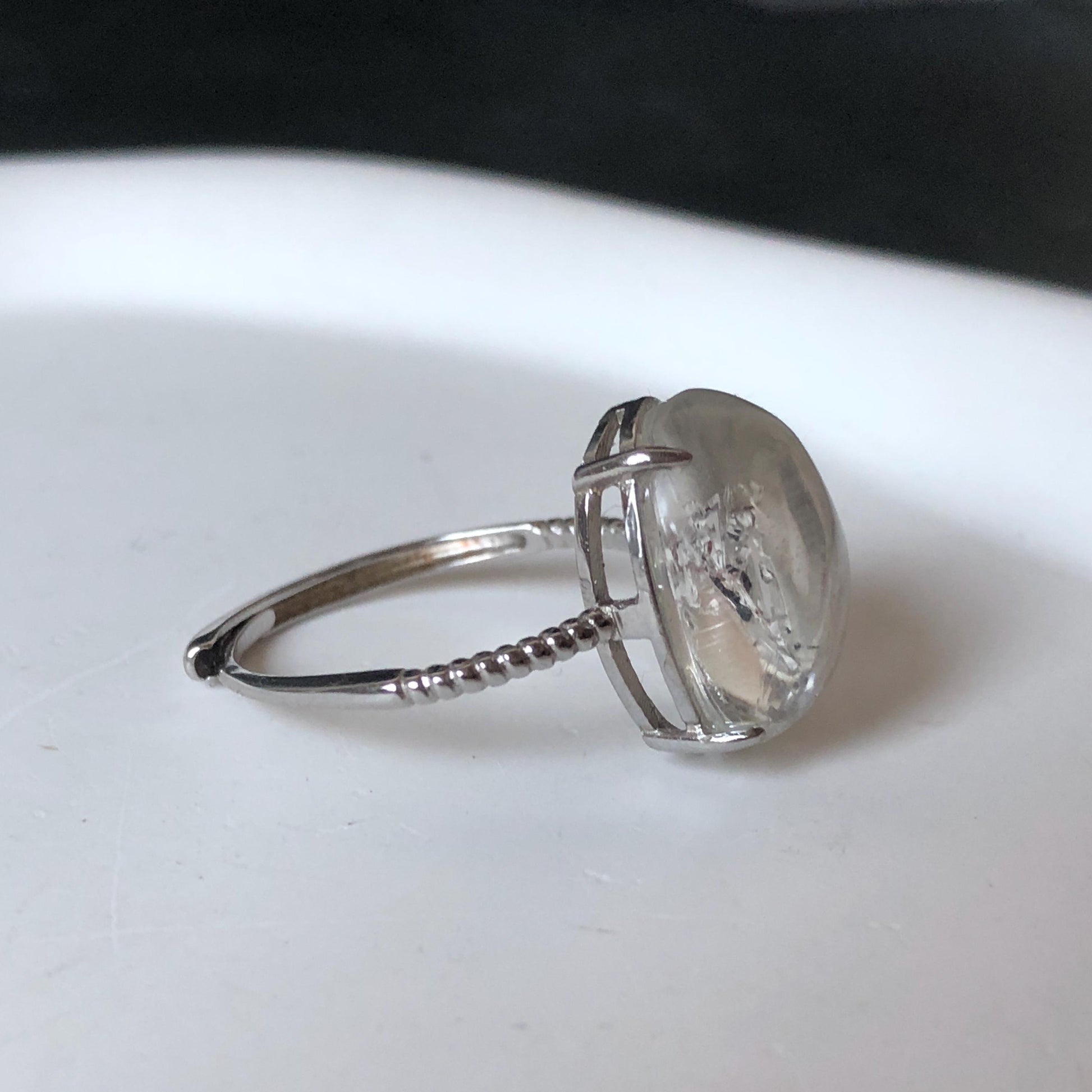 Rare Polished Enhydro Quartz (Herkimer Diamond) S925 Silver Adjustable Ring: Mild Rainbow Moving Black Tourmaline & Still Bubble Inclusion Crystal Statement Ring for Women ring crystal band ring crystal cocktail ring crystal stackable ring 7 chakra crystal ring meditation crystal healing stone birthstone silver ring ring for men rainbow quartz minerals specimen inclusion quartz