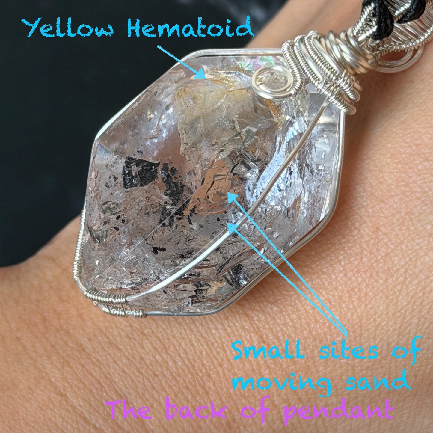 Polished Enhydro Quartz (Herkimer Diamond) Wire Wrapped Pendant Adjustable Necklace: Rainbow!  Moving Ink-like Sand Waterfall, Shifting Big Bubble and Yellow Hematoid Inclusion Crystal | Natural Gemstone Birthstone Gift for her men necklace chakra crystal purify stone minerals specimen adjustable choker silver pendant inclusion crystal inclusion quartz jewelry rainbow quartz choker necklace enhydro crystal S925 silver pendant minerals specimen yellow hematoid inclusion