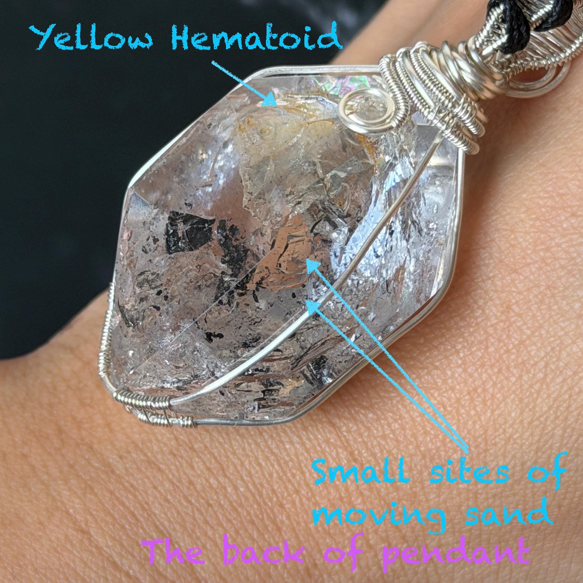 Polished Enhydro Quartz (Herkimer Diamond) Wire Wrapped Pendant Adjustable Necklace: Rainbow!  Moving Ink-like Sand Waterfall, Shifting Big Bubble and Yellow Hematoid Inclusion Crystal | Natural Gemstone Birthstone Gift for her men necklace chakra crystal purify stone minerals specimen adjustable choker silver pendant inclusion crystal inclusion quartz jewelry rainbow quartz choker necklace enhydro crystal S925 silver pendant minerals specimen yellow hematoid inclusion