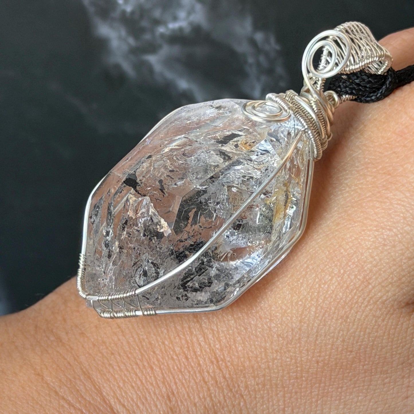 Polished Enhydro Quartz (Herkimer Diamond) Wire Wrapped Pendant Adjustable Necklace: Rainbow!  Moving Ink-like Sand Waterfall, Shifting Big Bubble and Yellow Hematoid Inclusion Crystal | Natural Gemstone Birthstone Gift for her men necklace chakra crystal purify stone minerals specimen adjustable choker silver pendant inclusion crystal inclusion quartz jewelry rainbow quartz choker necklace enhydro crystal S925 silver pendant minerals specimen yellow hematoid inclusion