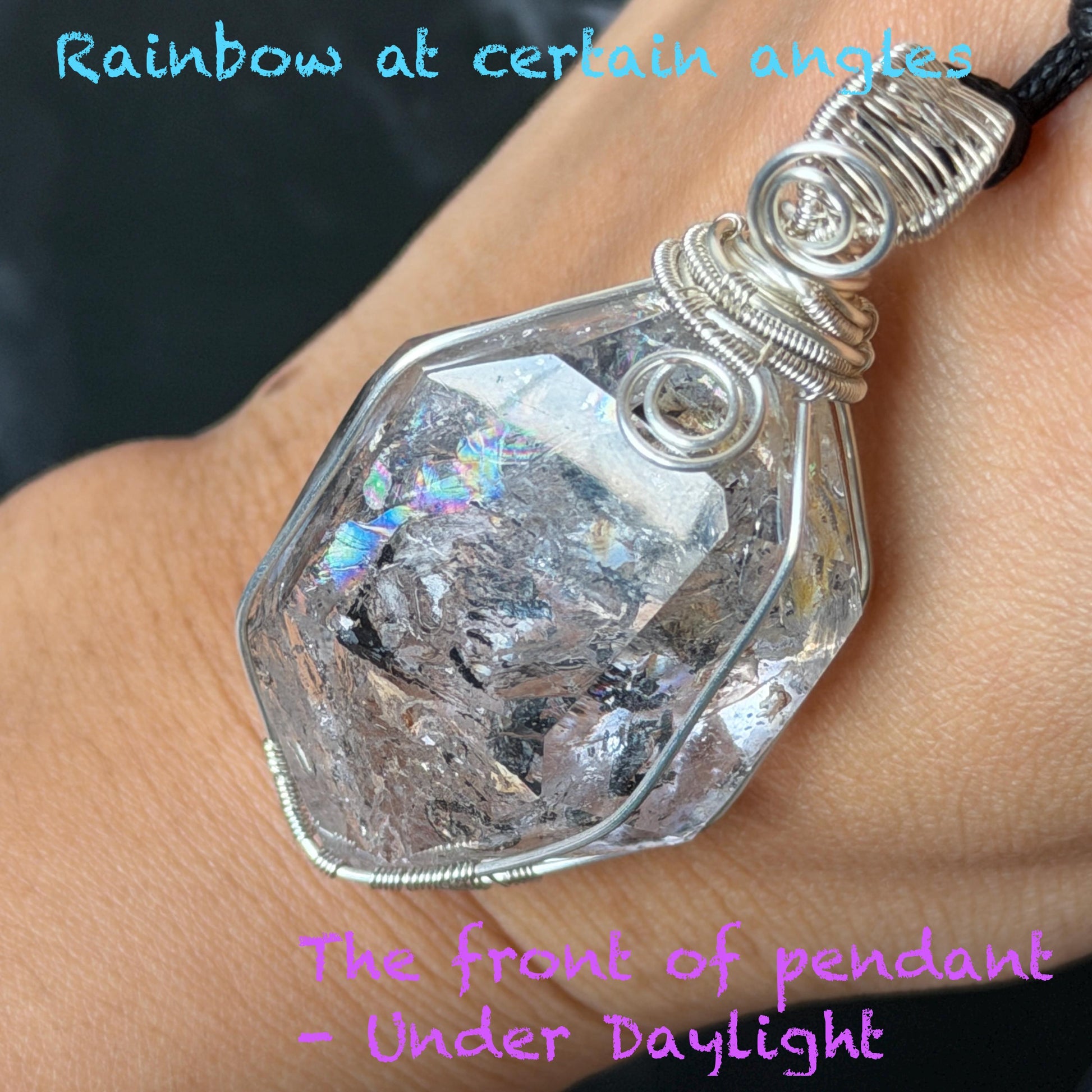 Polished Enhydro Quartz (Herkimer Diamond) Wire Wrapped Pendant Adjustable Necklace: Rainbow!  Moving Ink-like Sand Waterfall, Shifting Big Bubble and Yellow Hematoid Inclusion Crystal | Natural Gemstone Birthstone Gift for her men necklace chakra crystal purify stone minerals specimen adjustable choker silver pendant inclusion crystal inclusion quartz jewelry rainbow quartz choker necklace enhydro crystal S925 silver pendant minerals specimen yellow hematoid inclusion