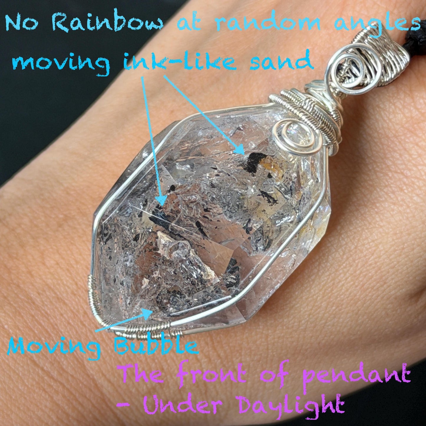 Polished Enhydro Quartz (Herkimer Diamond) Wire Wrapped Pendant Adjustable Necklace: Rainbow!  Moving Ink-like Sand Waterfall, Shifting Big Bubble and Yellow Hematoid Inclusion Crystal | Natural Gemstone Birthstone Gift for her men necklace chakra crystal purify stone minerals specimen adjustable choker silver pendant inclusion crystal inclusion quartz jewelry rainbow quartz choker necklace enhydro crystal S925 silver pendant minerals specimen yellow hematoid inclusion