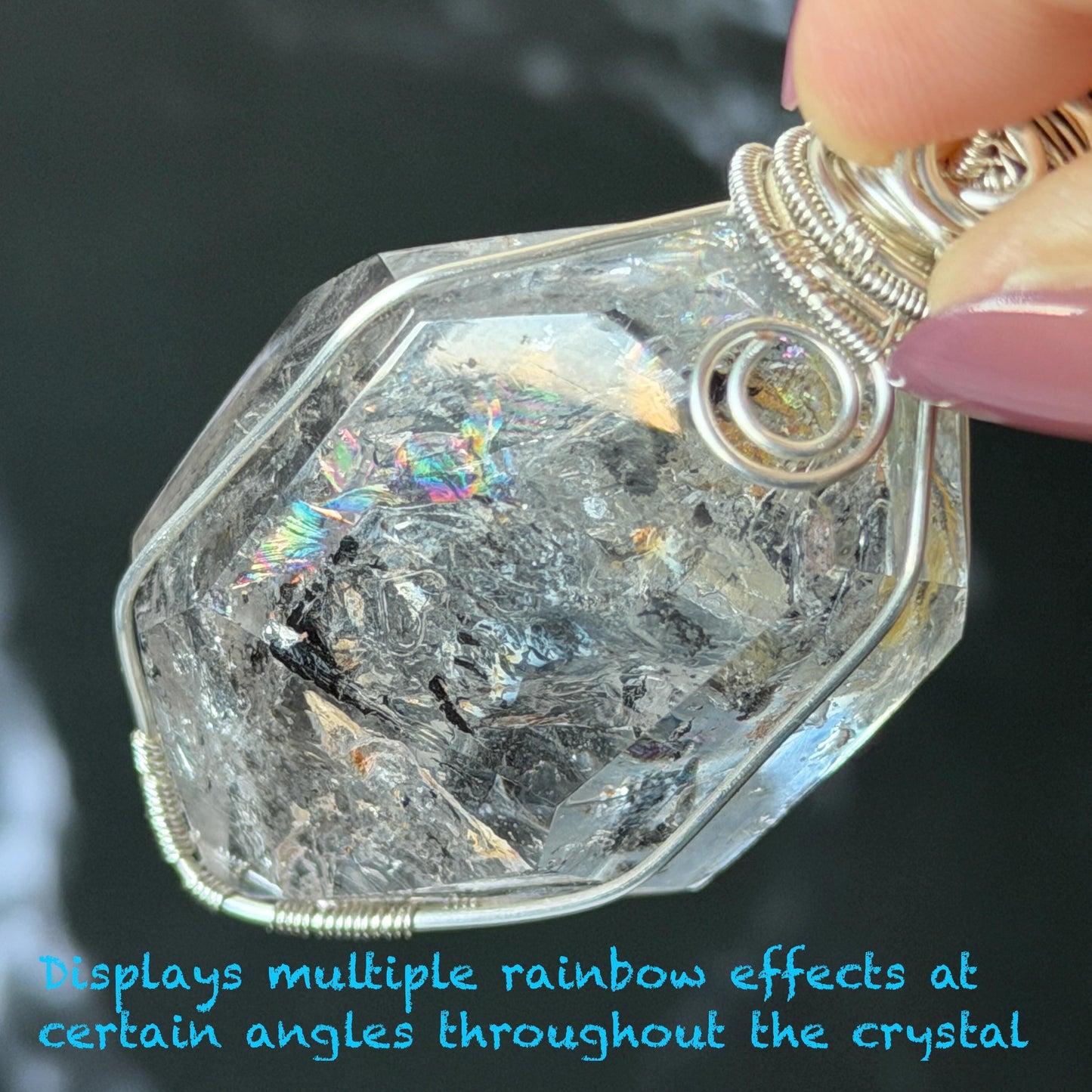 Polished Enhydro Quartz (Herkimer Diamond) Wire Wrapped Pendant Adjustable Necklace: Rainbow!  Moving Ink-like Sand Waterfall, Shifting Big Bubble and Yellow Hematoid Inclusion Crystal | Natural Gemstone Birthstone Gift for her men necklace chakra crystal purify stone minerals specimen adjustable choker silver pendant inclusion crystal inclusion quartz jewelry rainbow quartz choker necklace enhydro crystal S925 silver pendant minerals specimen yellow hematoid inclusion