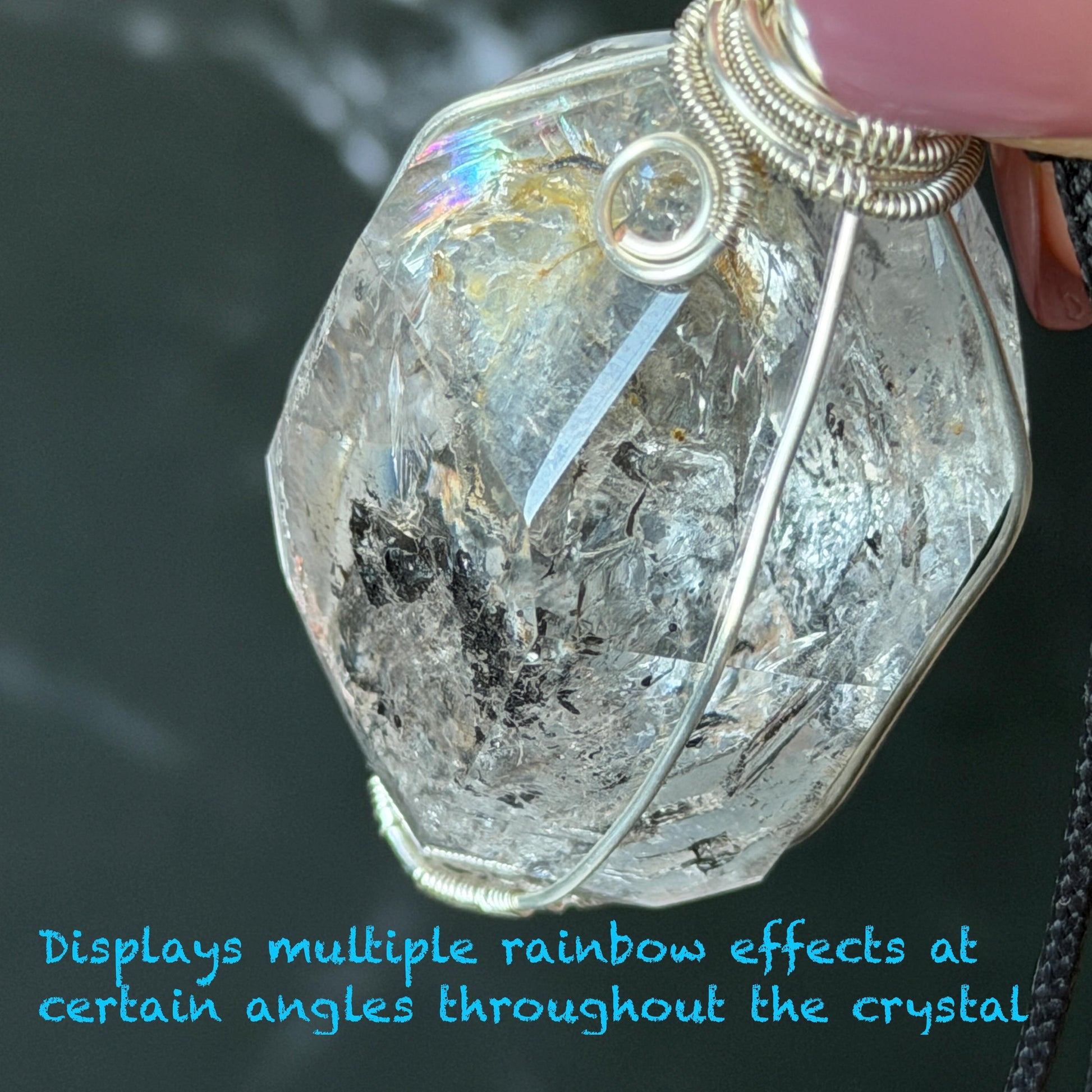 Polished Enhydro Quartz (Herkimer Diamond) Wire Wrapped Pendant Adjustable Necklace: Rainbow!  Moving Ink-like Sand Waterfall, Shifting Big Bubble and Yellow Hematoid Inclusion Crystal | Natural Gemstone Birthstone Gift for her men necklace chakra crystal purify stone minerals specimen adjustable choker silver pendant inclusion crystal inclusion quartz jewelry rainbow quartz choker necklace enhydro crystal S925 silver pendant minerals specimen yellow hematoid inclusion
