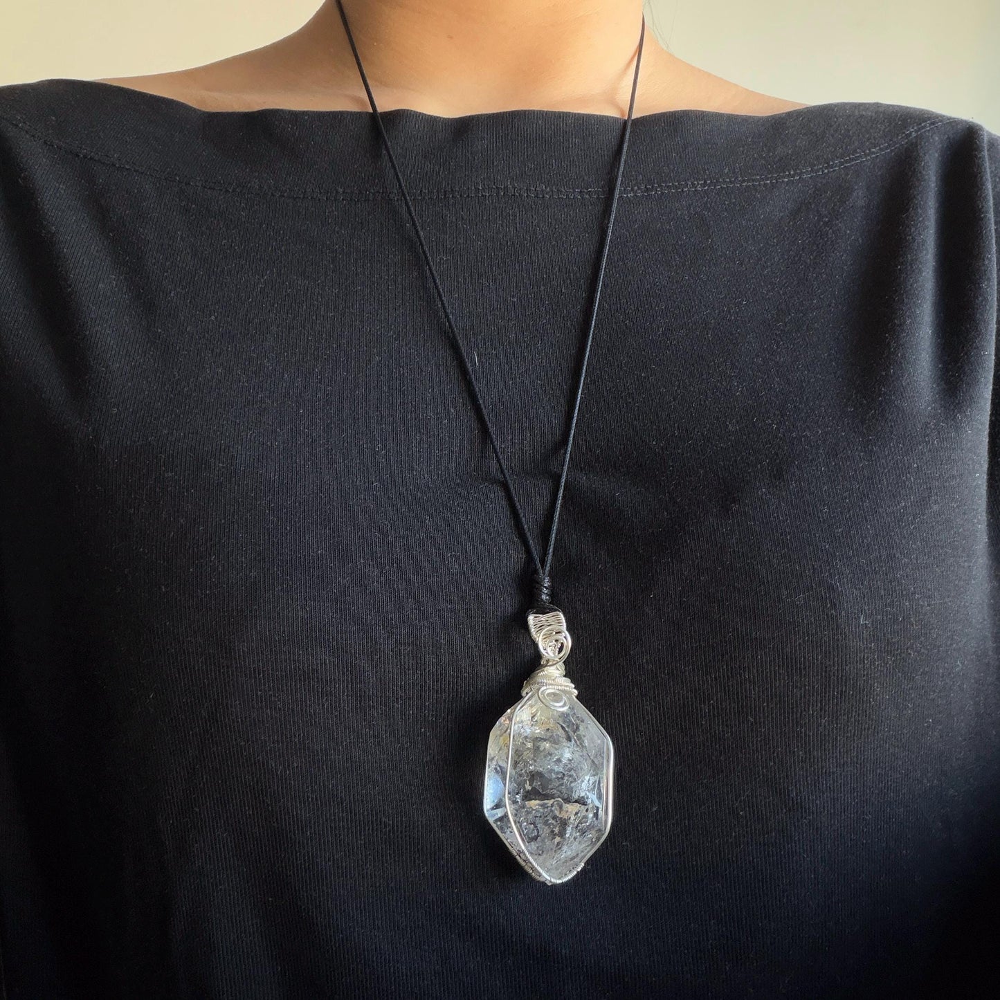 Polished Enhydro Quartz (Herkimer Diamond) Wire Wrapped Pendant Adjustable Necklace: Rainbow!  Moving Ink-like Sand Waterfall, Shifting Big Bubble and Yellow Hematoid Inclusion Crystal | Natural Gemstone Birthstone Gift for her men necklace chakra crystal purify stone minerals specimen adjustable choker silver pendant inclusion crystal inclusion quartz jewelry rainbow quartz choker necklace enhydro crystal S925 silver pendant minerals specimen yellow hematoid inclusion