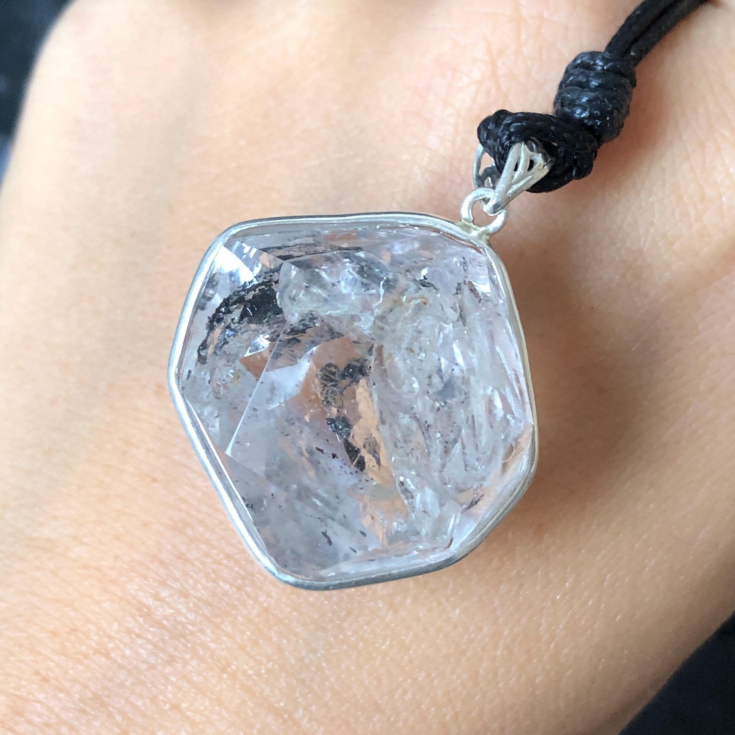 Rare Polished Enhydro Quartz (Herkimer Diamond) S925 Silver Pendant Adjustable Necklace | 2 Sites of Moving Sand & Clear Bubble Inclusion Crystal | Natural Gemstone Birthstone Gift for her men necklace chakra crystal purify stone minerals specimen adjustable choker silver pendant inclusion crystal inclusion quartz jewelry rainbow quartz choker necklace enhydro crystal S925 silver pendant
