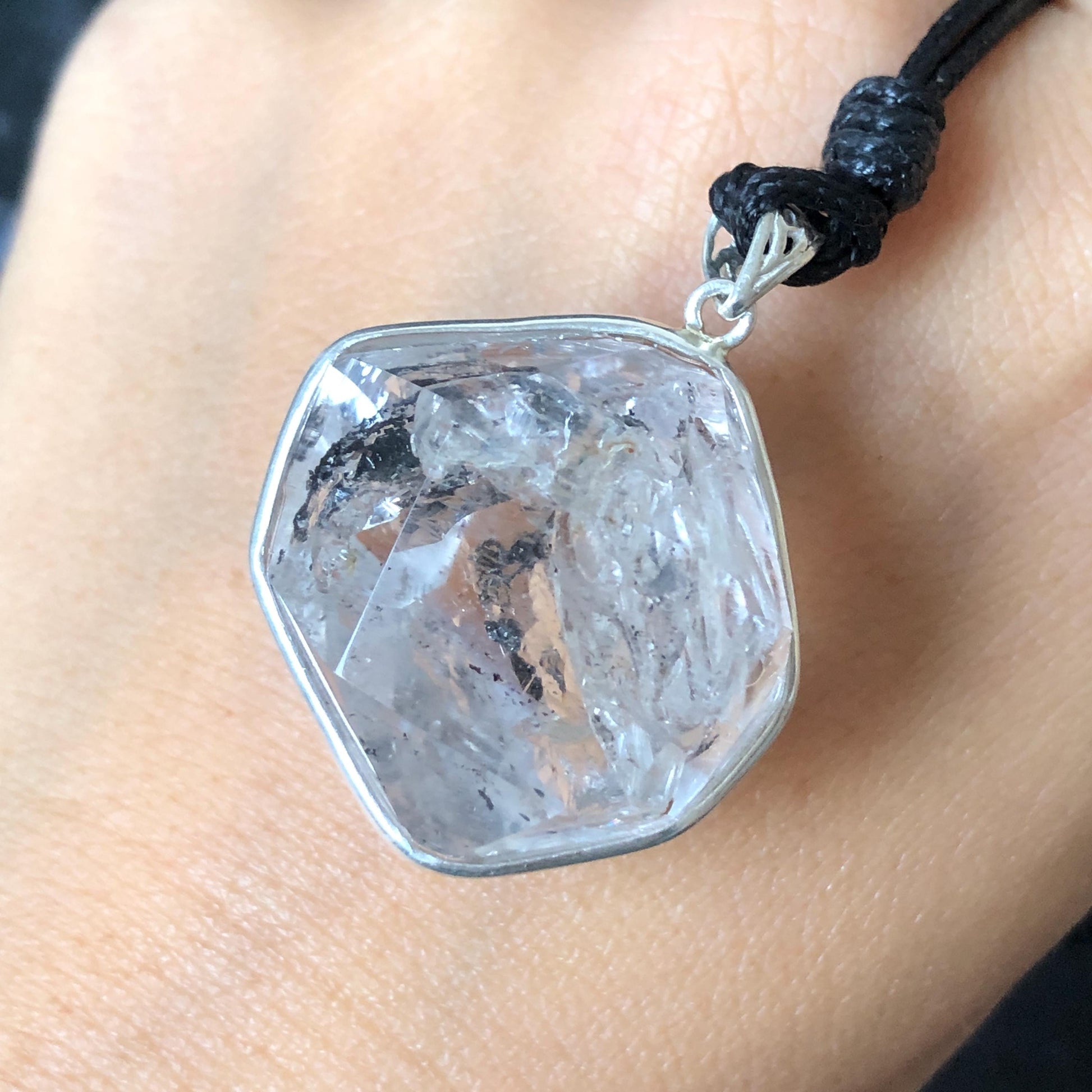 Rare Polished Enhydro Quartz (Herkimer Diamond) S925 Silver Pendant Adjustable Necklace | 2 Sites of Moving Sand & Clear Bubble Inclusion Crystal | Natural Gemstone Birthstone Gift for her men necklace chakra crystal purify stone minerals specimen adjustable choker silver pendant inclusion crystal inclusion quartz jewelry rainbow quartz choker necklace enhydro crystal S925 silver pendant