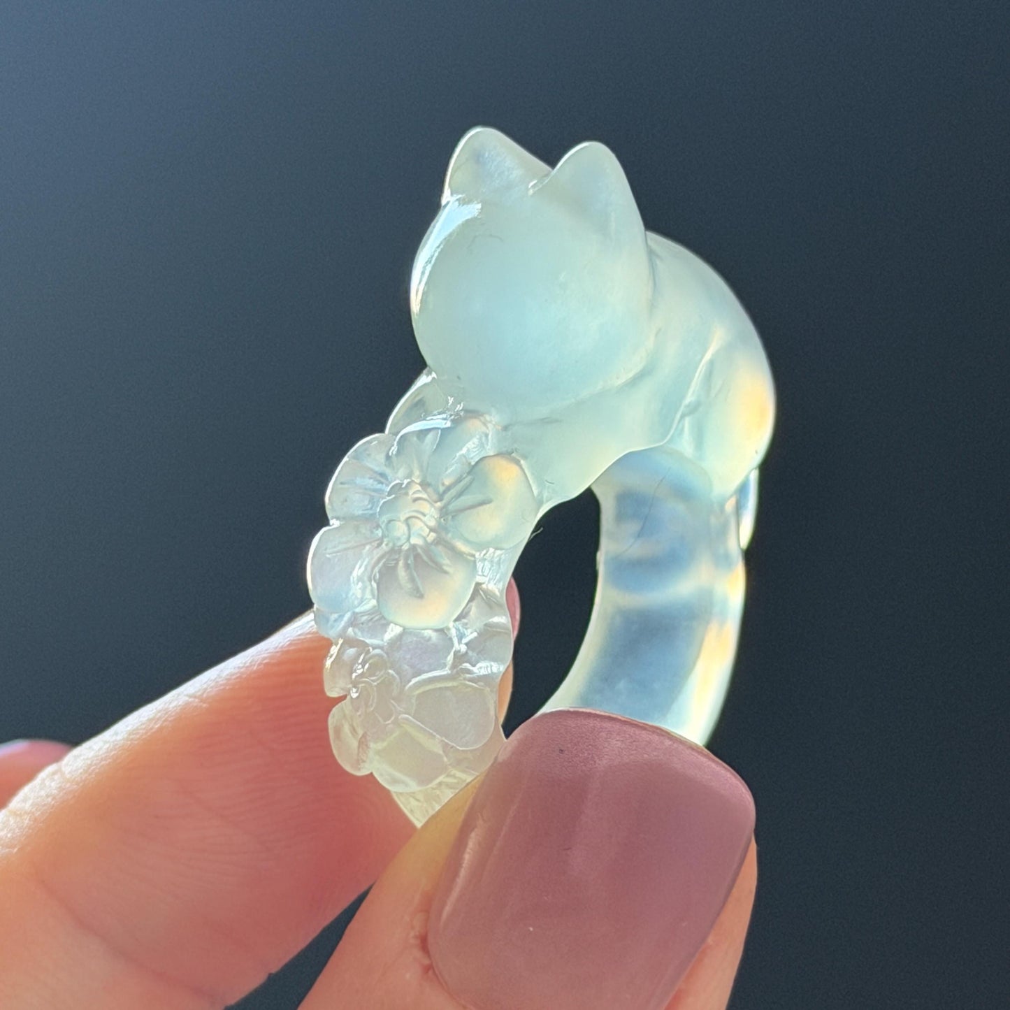 Custom Size! Xiu Jade Serpentine Hand Carved Cat Kitten and Flowers Ring: Natural Icy White Jade Customised Statement Ring tailor made ring personalized ring personalised ring Band Ring gift for her carving cat carving hand engraved statement ring flower carving hand carved flower natural untreated jade handcrafted jade ring 3D carving Stone carving Gemstone Carving cat Lover gift jade cocktail ring jade band ring kitten ring kitten carving