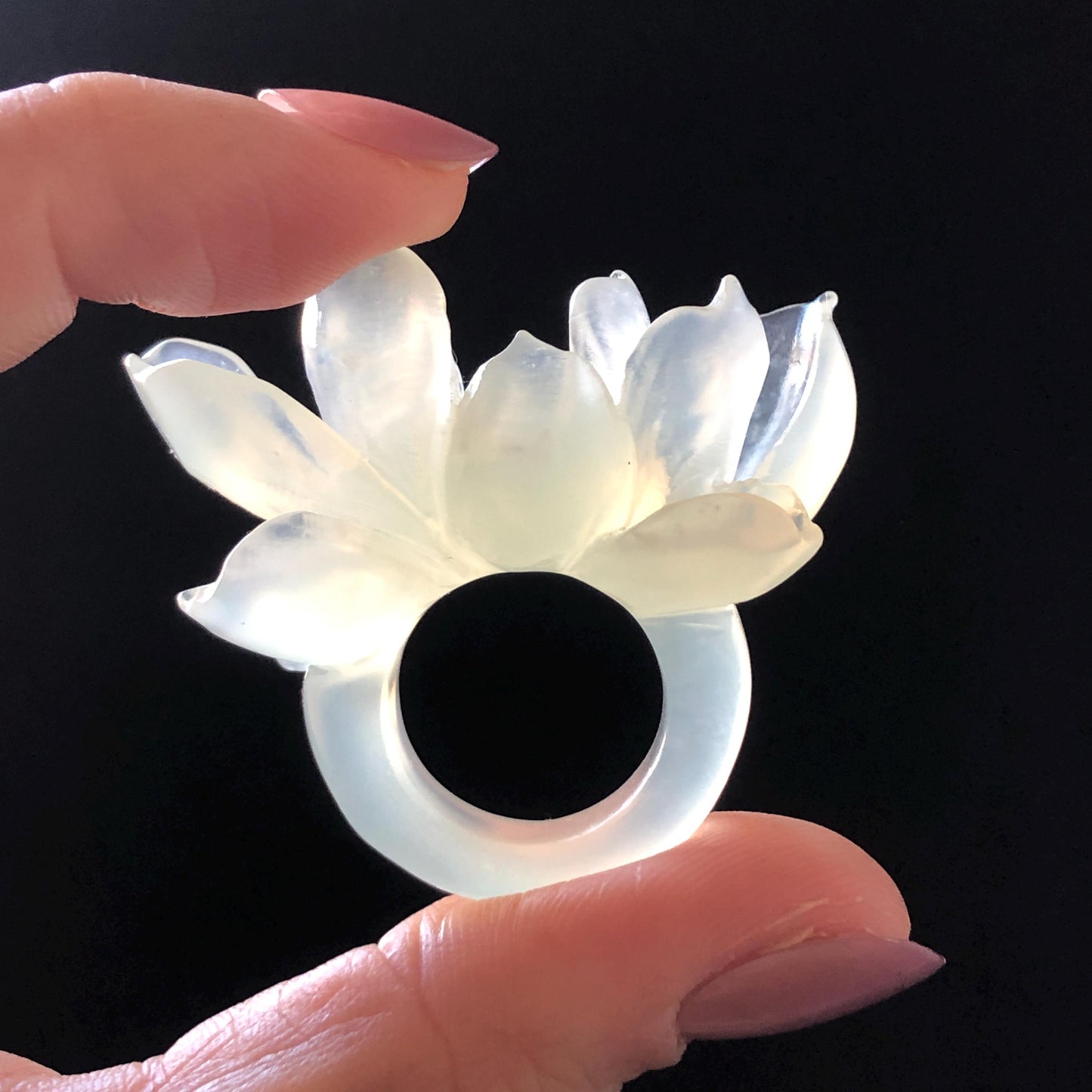 Custom Size! Xiu Jade Serpentine Hand Carved Lotus Flower Ring: Natural Icy White Jade Customised Statement Ring tailor made ring personalized ring personalised ring Band Ring gift for her carving cat carving hand engraved statement ring flower carving hand carved flower natural untreated jade handcrafted jade ring 3D carving Stone carving Gemstone Carving lotus Lover gift jade cocktail ring jade band ring lotus ring hand carved lotus ring chinese jade make to order ring