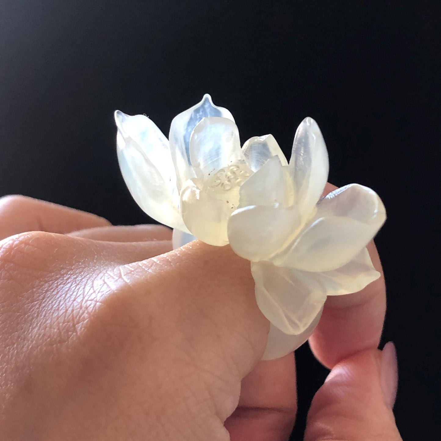 Custom Size! Xiu Jade Serpentine Hand Carved Lotus Flower Ring: Natural Icy White Jade Customised Statement Ring tailor made ring personalized ring personalised ring Band Ring gift for her carving cat carving hand engraved statement ring flower carving hand carved flower natural untreated jade handcrafted jade ring 3D carving Stone carving Gemstone Carving lotus Lover gift jade cocktail ring jade band ring lotus ring hand carved lotus ring chinese jade make to order ring