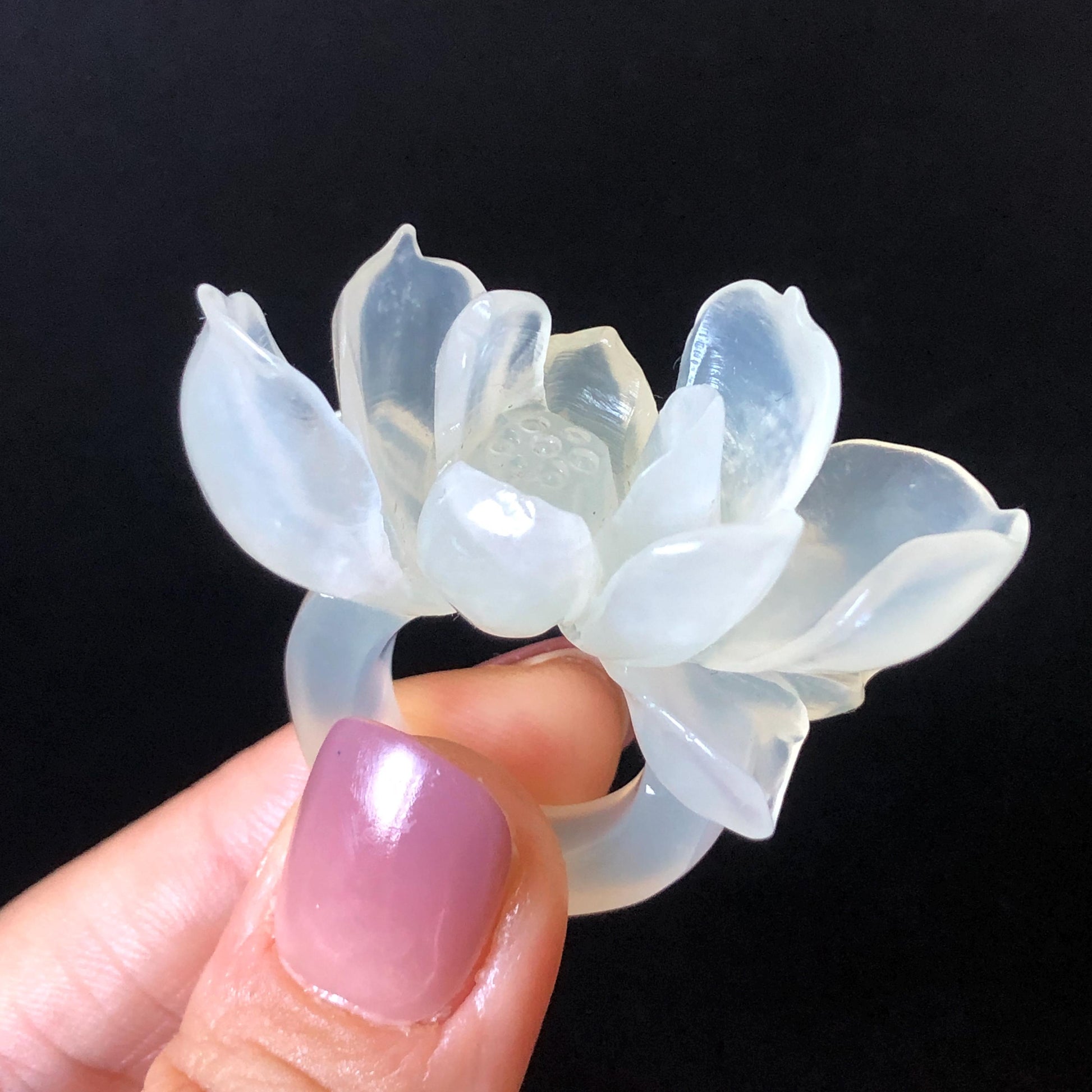 Custom Size! Xiu Jade Serpentine Hand Carved Lotus Flower Ring: Natural Icy White Jade Customised Statement Ring tailor made ring personalized ring personalised ring Band Ring gift for her carving cat carving hand engraved statement ring flower carving hand carved flower natural untreated jade handcrafted jade ring 3D carving Stone carving Gemstone Carving lotus Lover gift jade cocktail ring jade band ring lotus ring hand carved lotus ring chinese jade make to order ring
