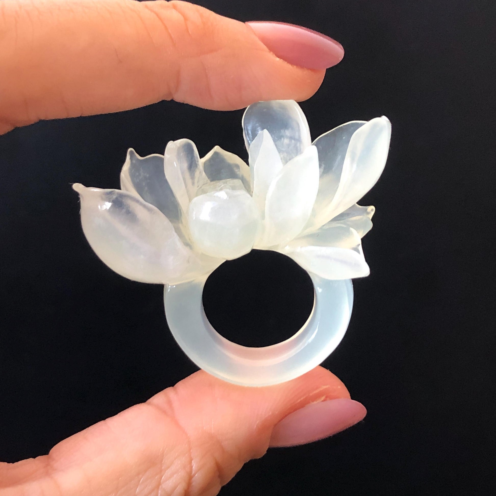 Custom Size! Xiu Jade Serpentine Hand Carved Lotus Flower Ring: Natural Icy White Jade Customised Statement Ring tailor made ring personalized ring personalised ring Band Ring gift for her carving cat carving hand engraved statement ring flower carving hand carved flower natural untreated jade handcrafted jade ring 3D carving Stone carving Gemstone Carving lotus Lover gift jade cocktail ring jade band ring lotus ring hand carved lotus ring chinese jade make to order ring