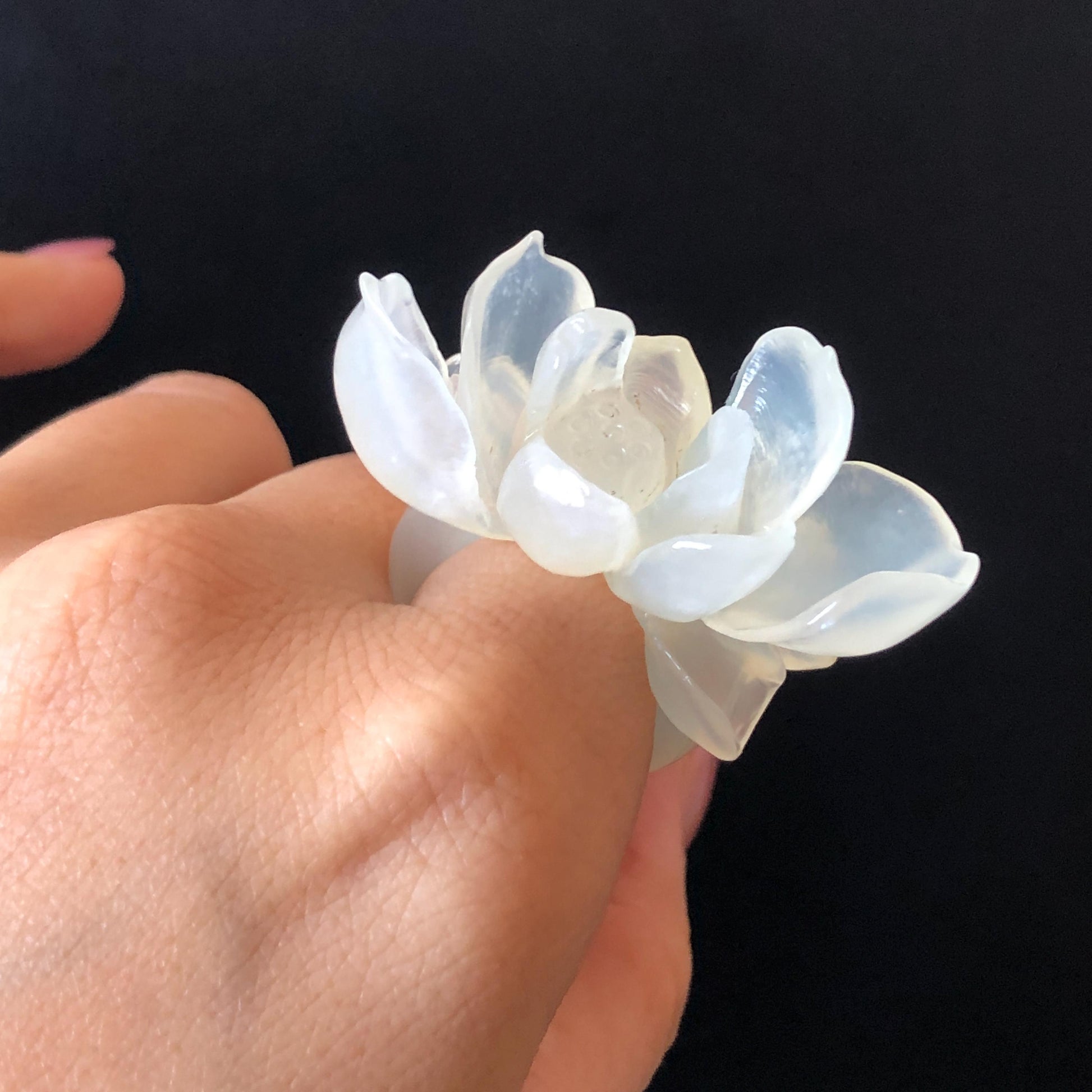 Custom Size! Xiu Jade Serpentine Hand Carved Lotus Flower Ring: Natural Icy White Jade Customised Statement Ring tailor made ring personalized ring personalised ring Band Ring gift for her carving cat carving hand engraved statement ring flower carving hand carved flower natural untreated jade handcrafted jade ring 3D carving Stone carving Gemstone Carving lotus Lover gift jade cocktail ring jade band ring lotus ring hand carved lotus ring chinese jade make to order ring