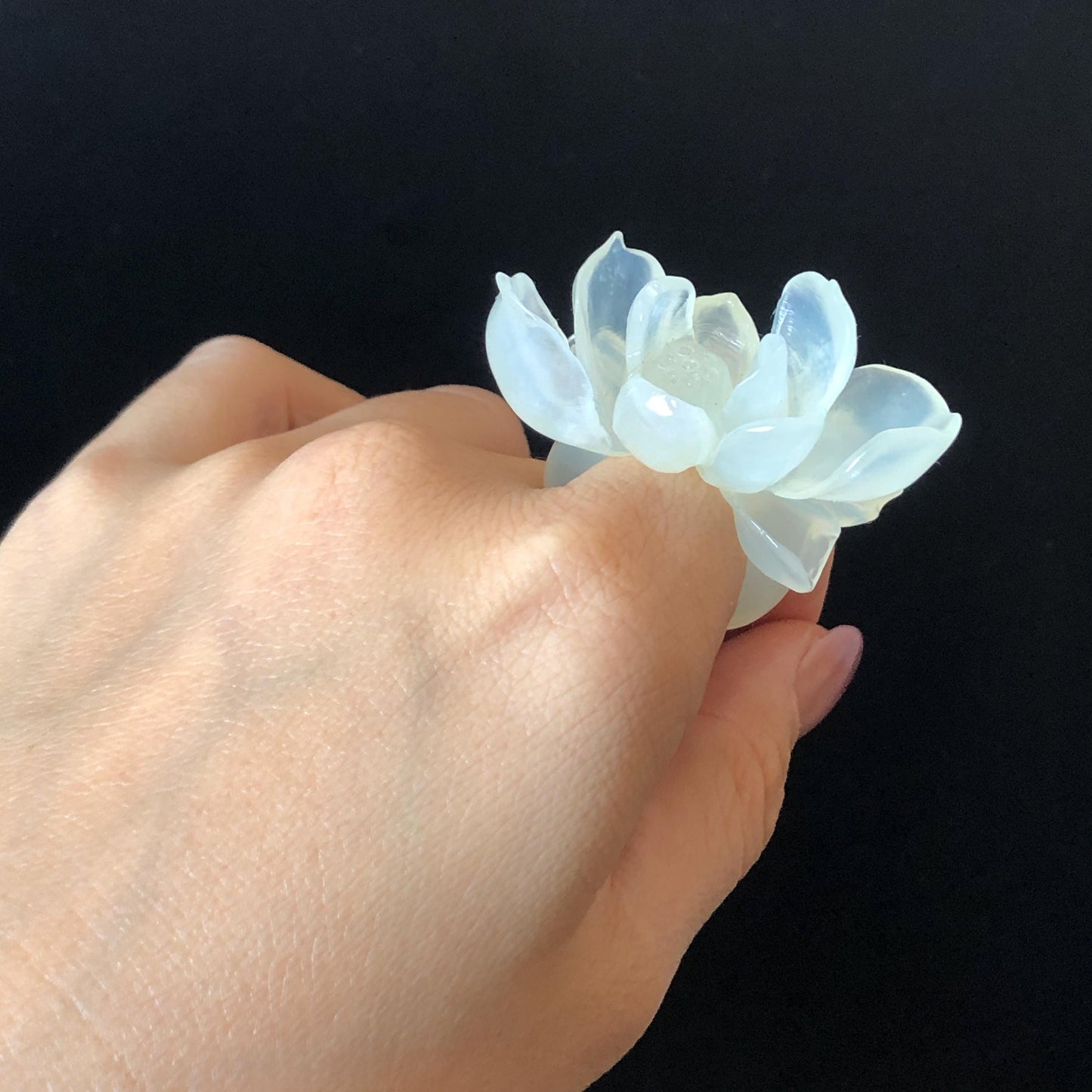 Custom Size! Xiu Jade Serpentine Hand Carved Lotus Flower Ring: Natural Icy White Jade Customised Statement Ring tailor made ring personalized ring personalised ring Band Ring gift for her carving cat carving hand engraved statement ring flower carving hand carved flower natural untreated jade handcrafted jade ring 3D carving Stone carving Gemstone Carving lotus Lover gift jade cocktail ring jade band ring lotus ring hand carved lotus ring chinese jade make to order ring