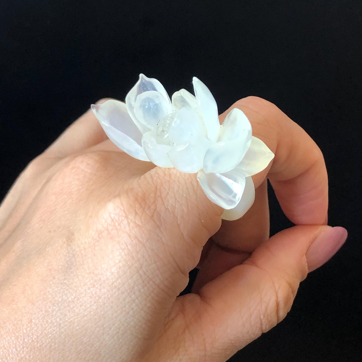 Custom Size! Xiu Jade Serpentine Hand Carved Lotus Flower Ring: Natural Icy White Jade Customised Statement Ring tailor made ring personalized ring personalised ring Band Ring gift for her carving cat carving hand engraved statement ring flower carving hand carved flower natural untreated jade handcrafted jade ring 3D carving Stone carving Gemstone Carving lotus Lover gift jade cocktail ring jade band ring lotus ring hand carved lotus ring chinese jade make to order ring