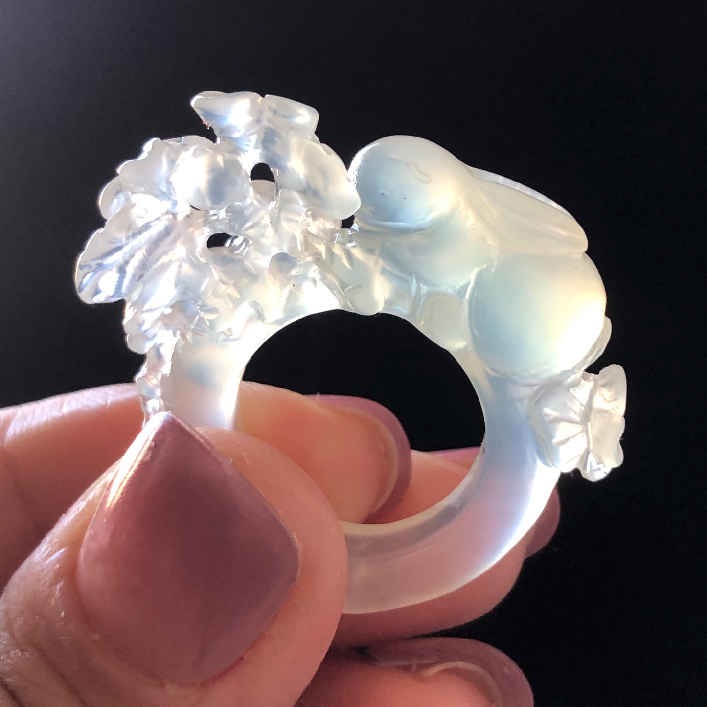 Custom Size! Xiu Jade Serpentine Hand Carved Rabbit Bunny and Flowers Ring: Natural Icy White Jade Customised 3D stone carving Statement Ring  tailor made ring personalized ring personalised ring Band Ring gift for her carving rabbit carving hand engraved statement ring flower carving hand carved flower natural untreated jade handcrafted jade ring 3D carving Stone carving Gemstone Carving rabbit Lover gift jade cocktail ring jade band ring kitten ring bunny carving