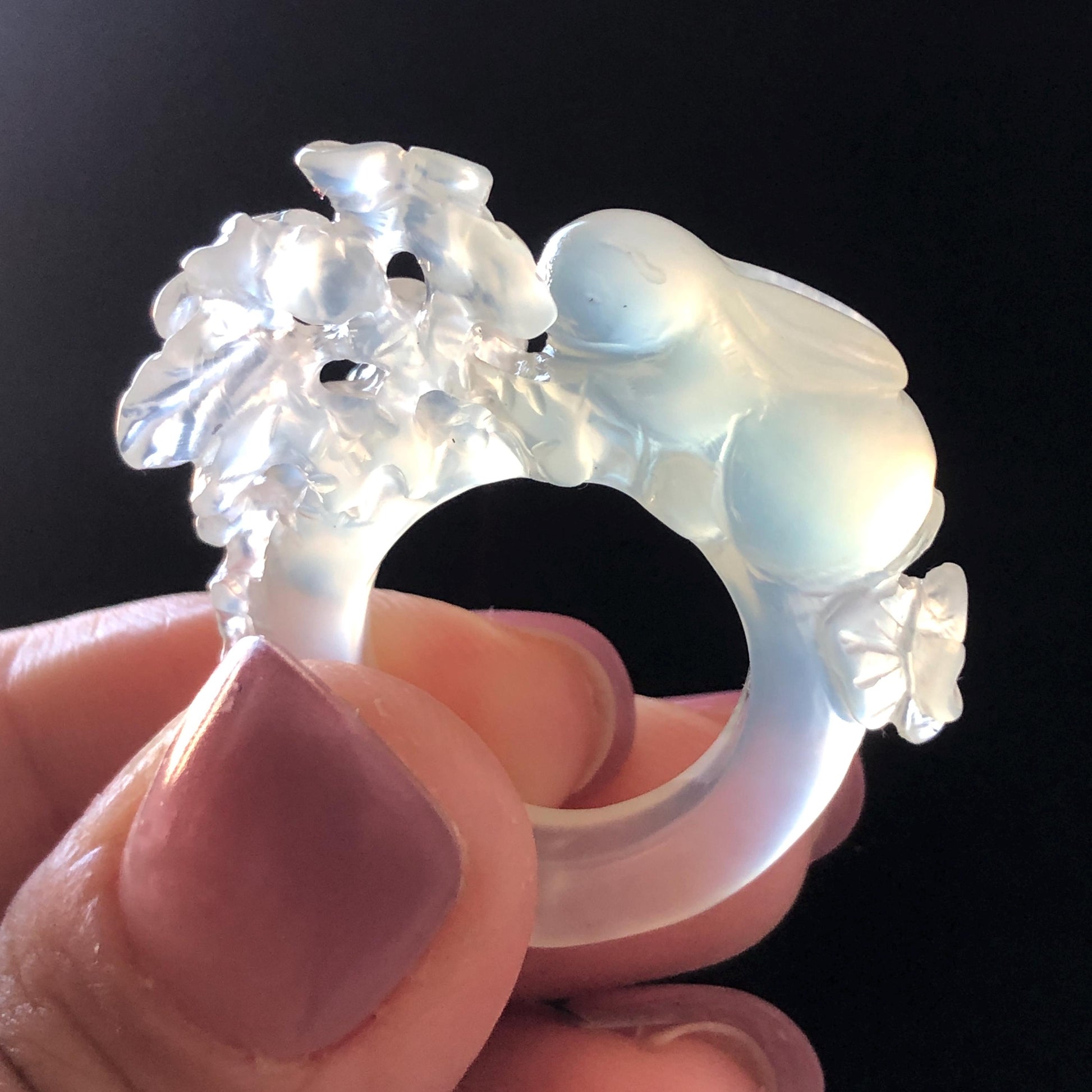 Custom Size! Xiu Jade Serpentine Hand Carved Rabbit Bunny and Flowers Ring: Natural Icy White Jade Customised 3D stone carving Statement Ring  tailor made ring personalized ring personalised ring Band Ring gift for her carving rabbit carving hand engraved statement ring flower carving hand carved flower natural untreated jade handcrafted jade ring 3D carving Stone carving Gemstone Carving rabbit Lover gift jade cocktail ring jade band ring kitten ring bunny carving