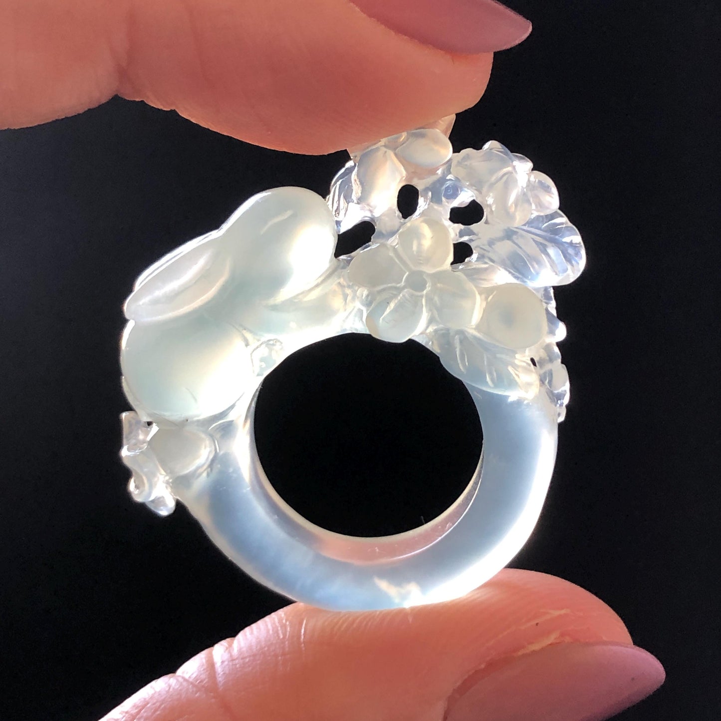 Custom Size! Xiu Jade Serpentine Hand Carved Rabbit Bunny and Flowers Ring: Natural Icy White Jade Customised 3D stone carving Statement Ring  tailor made ring personalized ring personalised ring Band Ring gift for her carving rabbit carving hand engraved statement ring flower carving hand carved flower natural untreated jade handcrafted jade ring 3D carving Stone carving Gemstone Carving rabbit Lover gift jade cocktail ring jade band ring kitten ring bunny carving