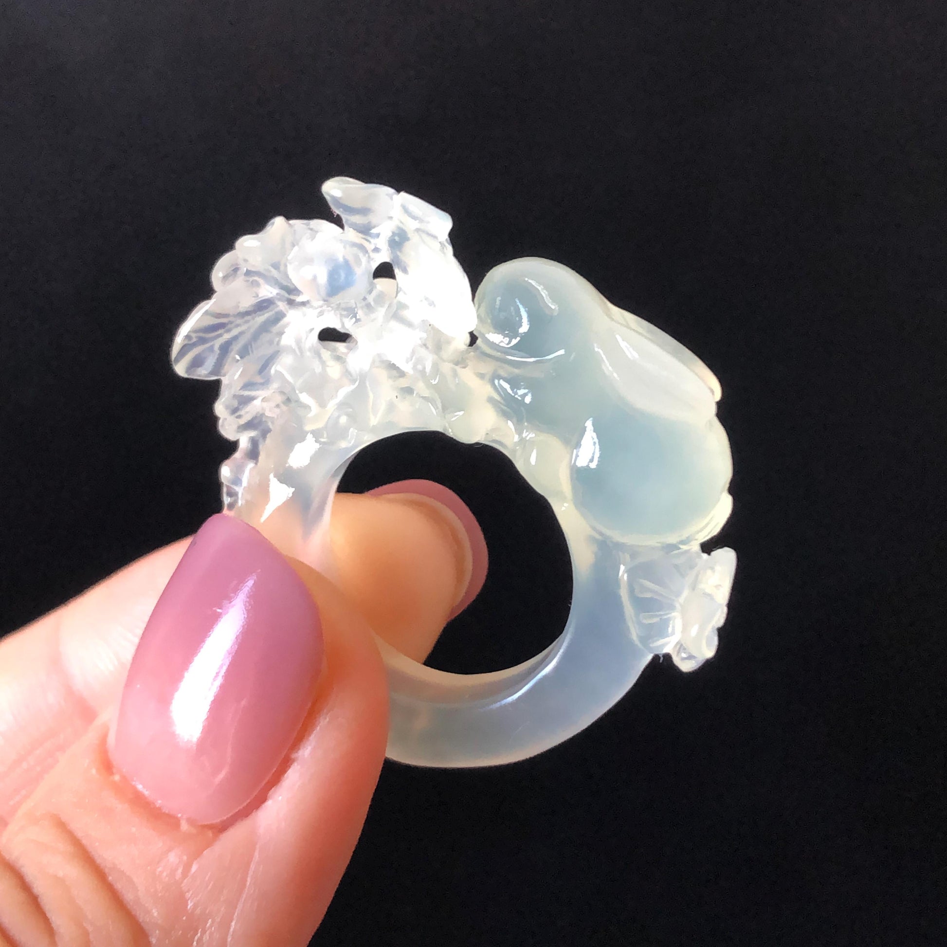 Custom Size! Xiu Jade Serpentine Hand Carved Rabbit Bunny and Flowers Ring: Natural Icy White Jade Customised 3D stone carving Statement Ring  tailor made ring personalized ring personalised ring Band Ring gift for her carving rabbit carving hand engraved statement ring flower carving hand carved flower natural untreated jade handcrafted jade ring 3D carving Stone carving Gemstone Carving rabbit Lover gift jade cocktail ring jade band ring kitten ring bunny carving