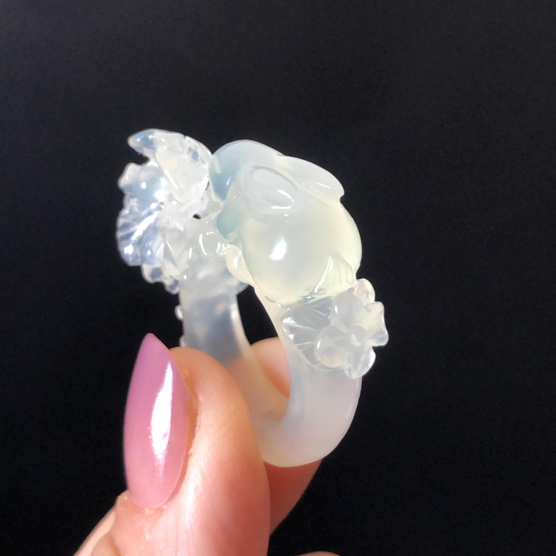 Custom Size! Xiu Jade Serpentine Hand Carved Rabbit Bunny and Flowers Ring: Natural Icy White Jade Customised 3D stone carving Statement Ring  tailor made ring personalized ring personalised ring Band Ring gift for her carving rabbit carving hand engraved statement ring flower carving hand carved flower natural untreated jade handcrafted jade ring 3D carving Stone carving Gemstone Carving rabbit Lover gift jade cocktail ring jade band ring kitten ring bunny carving