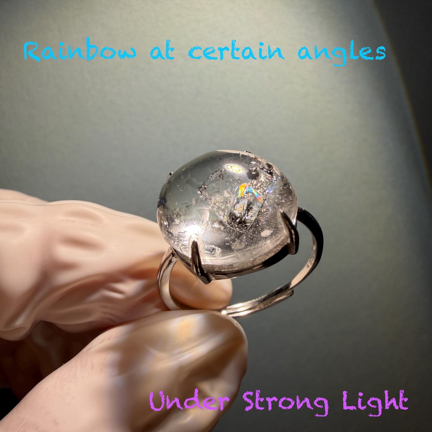 Rare Polished Enhydro Quartz (Herkimer Diamond) S925 Silver Adjustable Ring: Rainbow! Moving Sand & Black Bubble Statement Ring for Women ring crystal band ring crystal cocktail ring crystal stackable ring 7 chakra crystal ring meditation crystal healing stone birthstone silver ring ring for men rainbow quartz inclusion quartz inclusion crystal minerals specimen silver ring free size ring adjustable ring holder