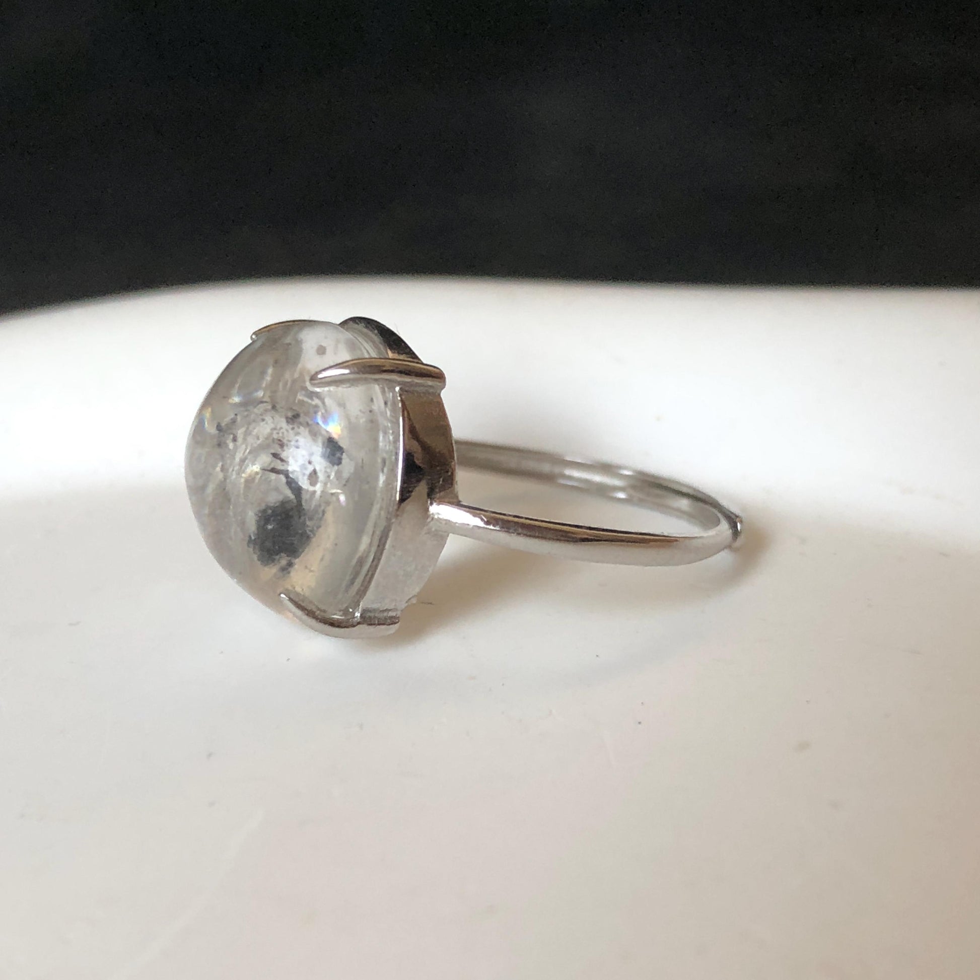 Rare Polished Enhydro Quartz (Herkimer Diamond) S925 Silver Adjustable Ring: Rainbow! Moving Sand & Black Bubble Statement Ring for Women ring crystal band ring crystal cocktail ring crystal stackable ring 7 chakra crystal ring meditation crystal healing stone birthstone silver ring ring for men rainbow quartz inclusion quartz inclusion crystal minerals specimen silver ring free size ring adjustable ring holder