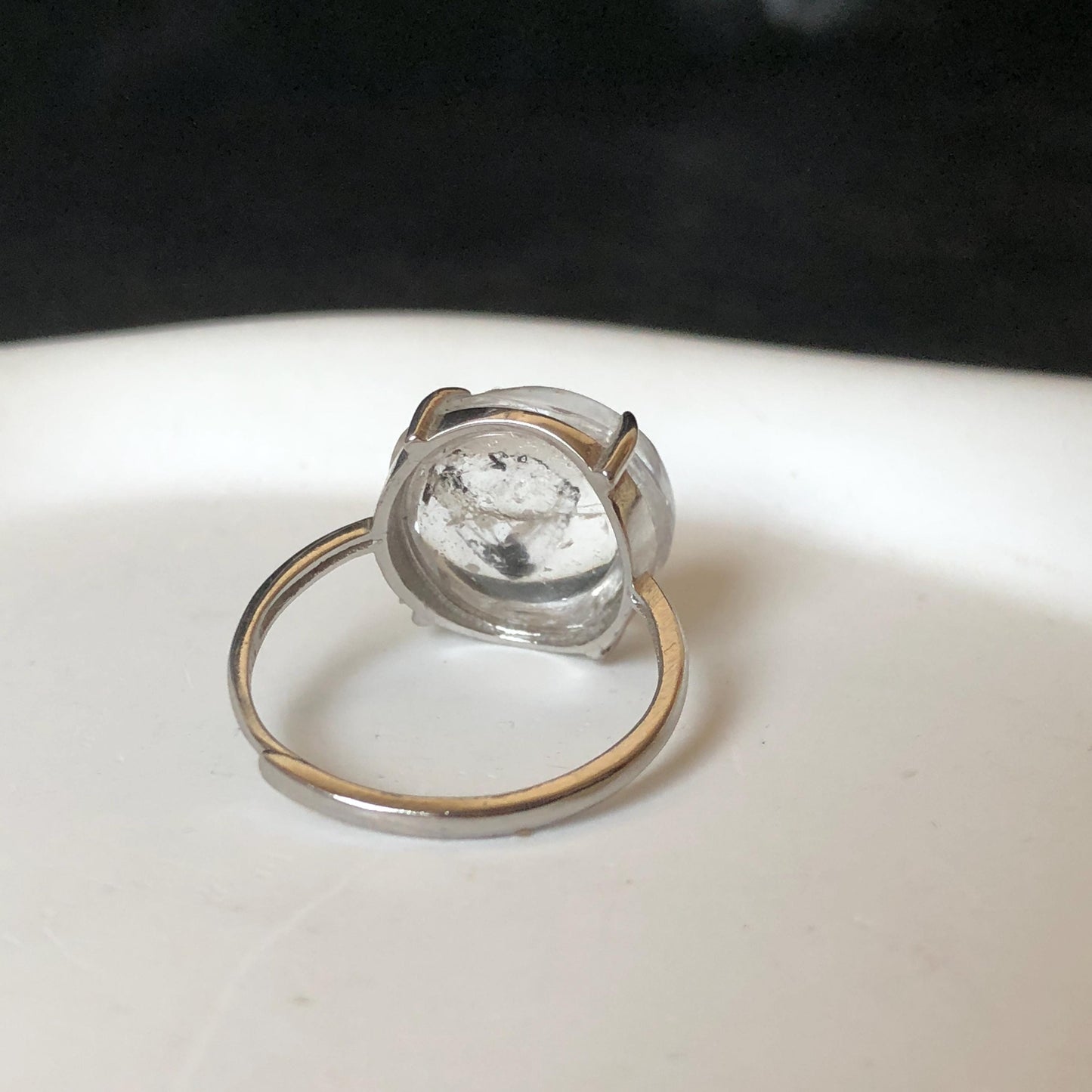 Rare Polished Enhydro Quartz (Herkimer Diamond) S925 Silver Adjustable Ring: Rainbow! Moving Sand & Black Bubble Statement Ring for Women ring crystal band ring crystal cocktail ring crystal stackable ring 7 chakra crystal ring meditation crystal healing stone birthstone silver ring ring for men rainbow quartz inclusion quartz inclusion crystal minerals specimen silver ring free size ring adjustable ring holder
