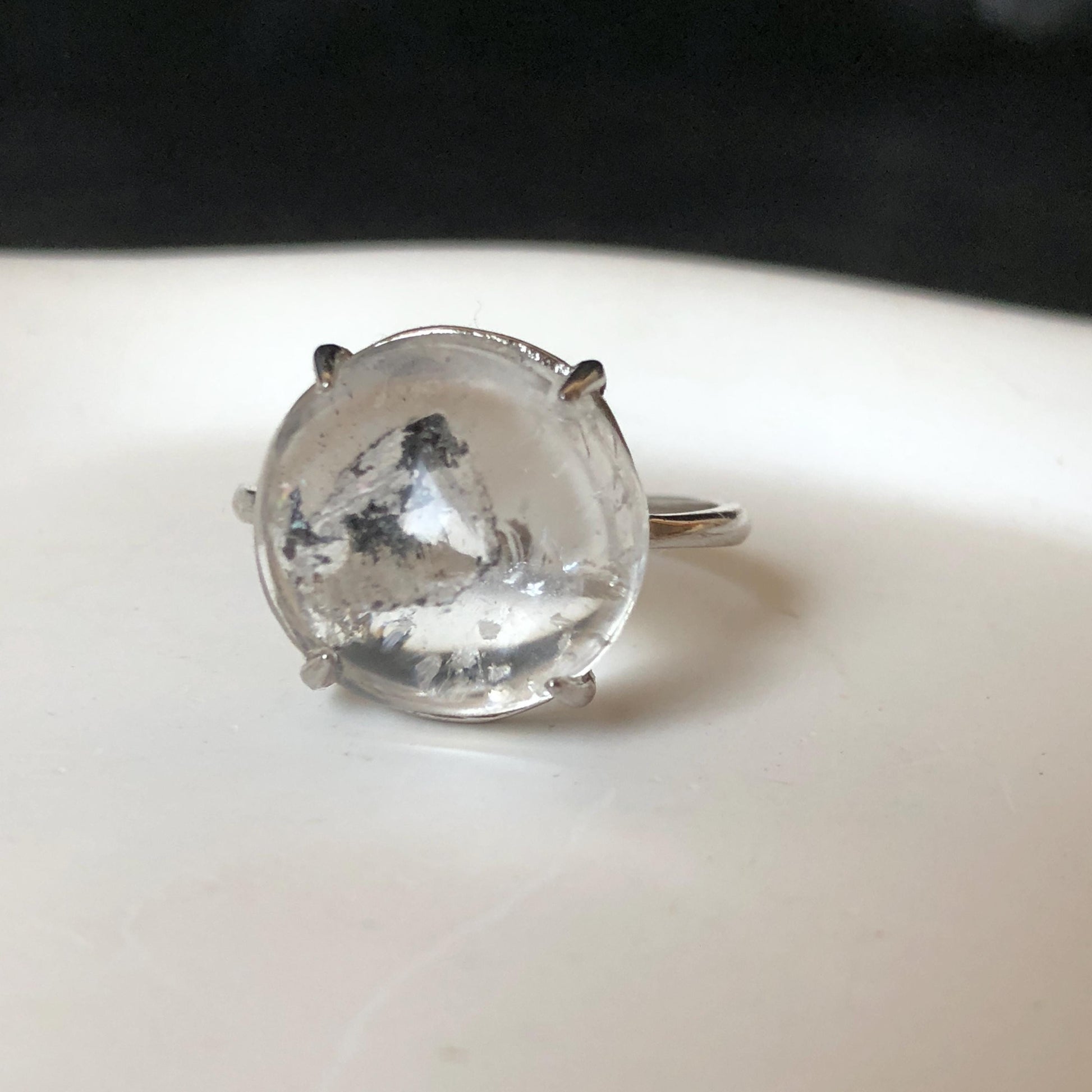 Rare Polished Enhydro Quartz (Herkimer Diamond) S925 Silver Adjustable Ring: Rainbow! Moving Sand & Black Bubble Statement Ring for Women ring crystal band ring crystal cocktail ring crystal stackable ring 7 chakra crystal ring meditation crystal healing stone birthstone silver ring ring for men rainbow quartz inclusion quartz inclusion crystal minerals specimen silver ring free size ring adjustable ring holder