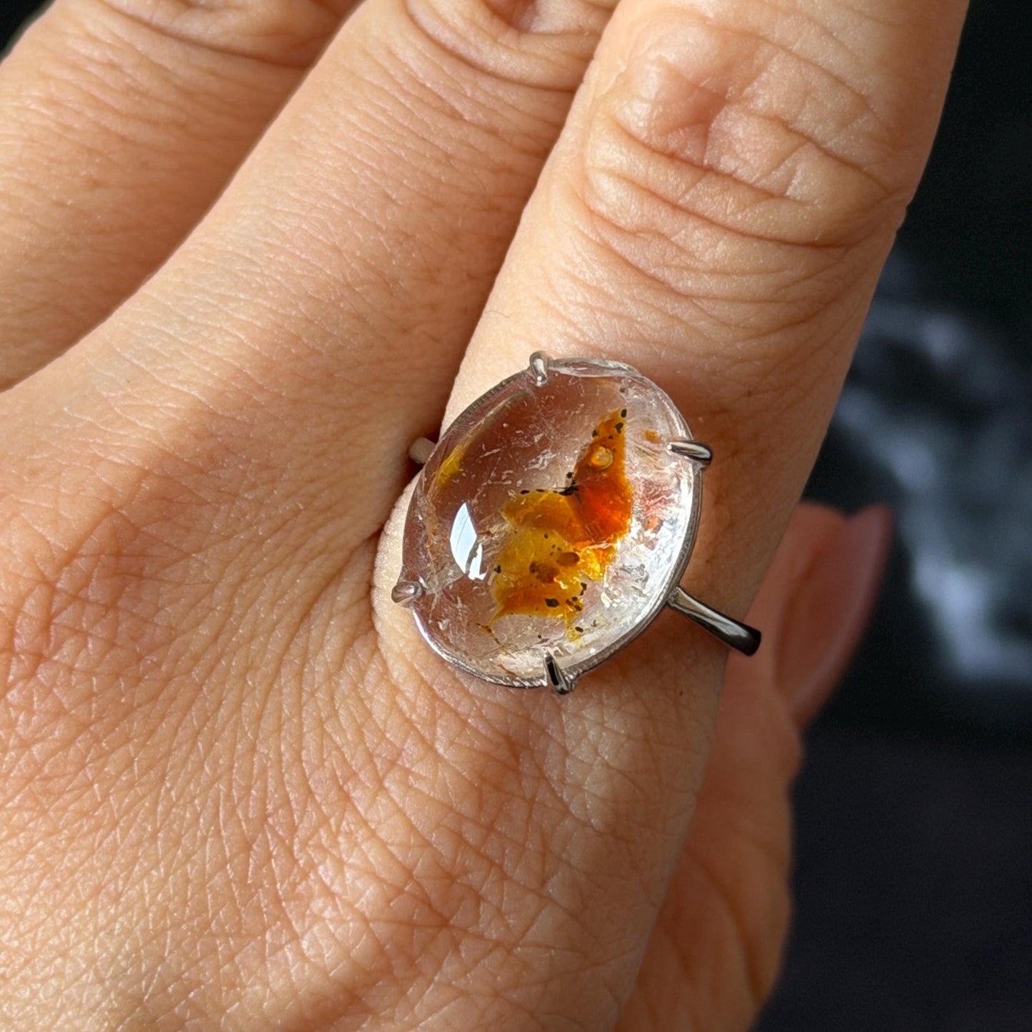 Polished Petroleum Enhydro Quartz S925 Silver Adjustable Ring: Moving Sand & Clear Bubble in Golden Red Petroleum Oil Inclusion | Natural Gemstone Birthstone Gift for her golden red oil enhydro quartz cocktail ring for women bold ring for men meditation rock healing stone chakra crystal big size ring crystal band ring herkimer diamond silver ring stackable ring women statement ring minerals specimen inclusion quartz inclusion crystal