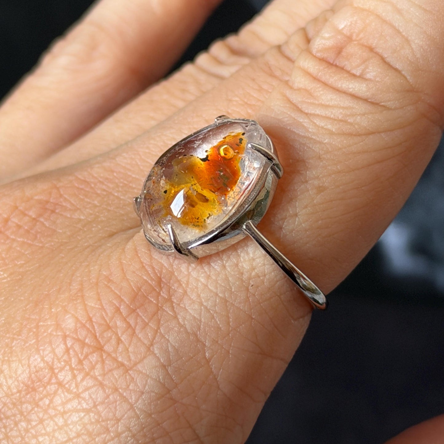 Polished Petroleum Enhydro Quartz S925 Silver Adjustable Ring: Moving Sand & Clear Bubble in Golden Red Petroleum Oil Inclusion | Natural Gemstone Birthstone Gift for her golden red oil enhydro quartz cocktail ring for women bold ring for men meditation rock healing stone chakra crystal big size ring crystal band ring herkimer diamond silver ring stackable ring women statement ring minerals specimen inclusion quartz inclusion crystal
