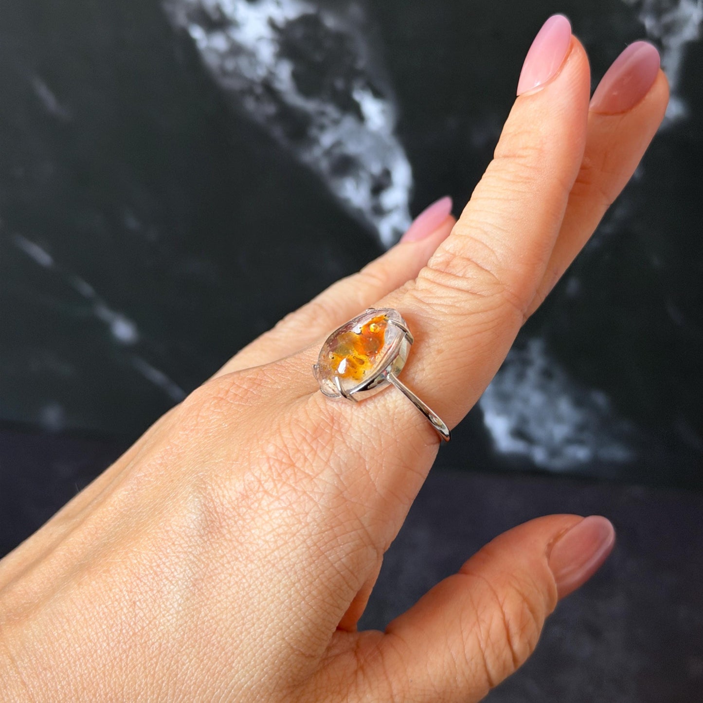 Polished Petroleum Enhydro Quartz S925 Silver Adjustable Ring: Moving Sand & Clear Bubble in Golden Red Petroleum Oil Inclusion | Natural Gemstone Birthstone Gift for her golden red oil enhydro quartz cocktail ring for women bold ring for men meditation rock healing stone chakra crystal big size ring crystal band ring herkimer diamond silver ring stackable ring women statement ring minerals specimen inclusion quartz inclusion crystal