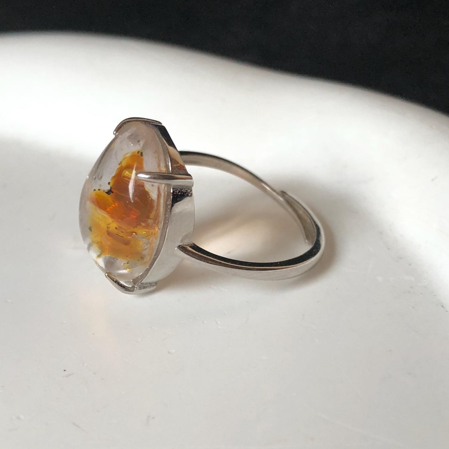 Polished Petroleum Enhydro Quartz S925 Silver Adjustable Ring: Moving Sand & Clear Bubble in Golden Red Petroleum Oil Inclusion | Natural Gemstone Birthstone Gift for her golden red oil enhydro quartz cocktail ring for women bold ring for men meditation rock healing stone chakra crystal big size ring crystal band ring herkimer diamond silver ring stackable ring women statement ring minerals specimen inclusion quartz inclusion crystal