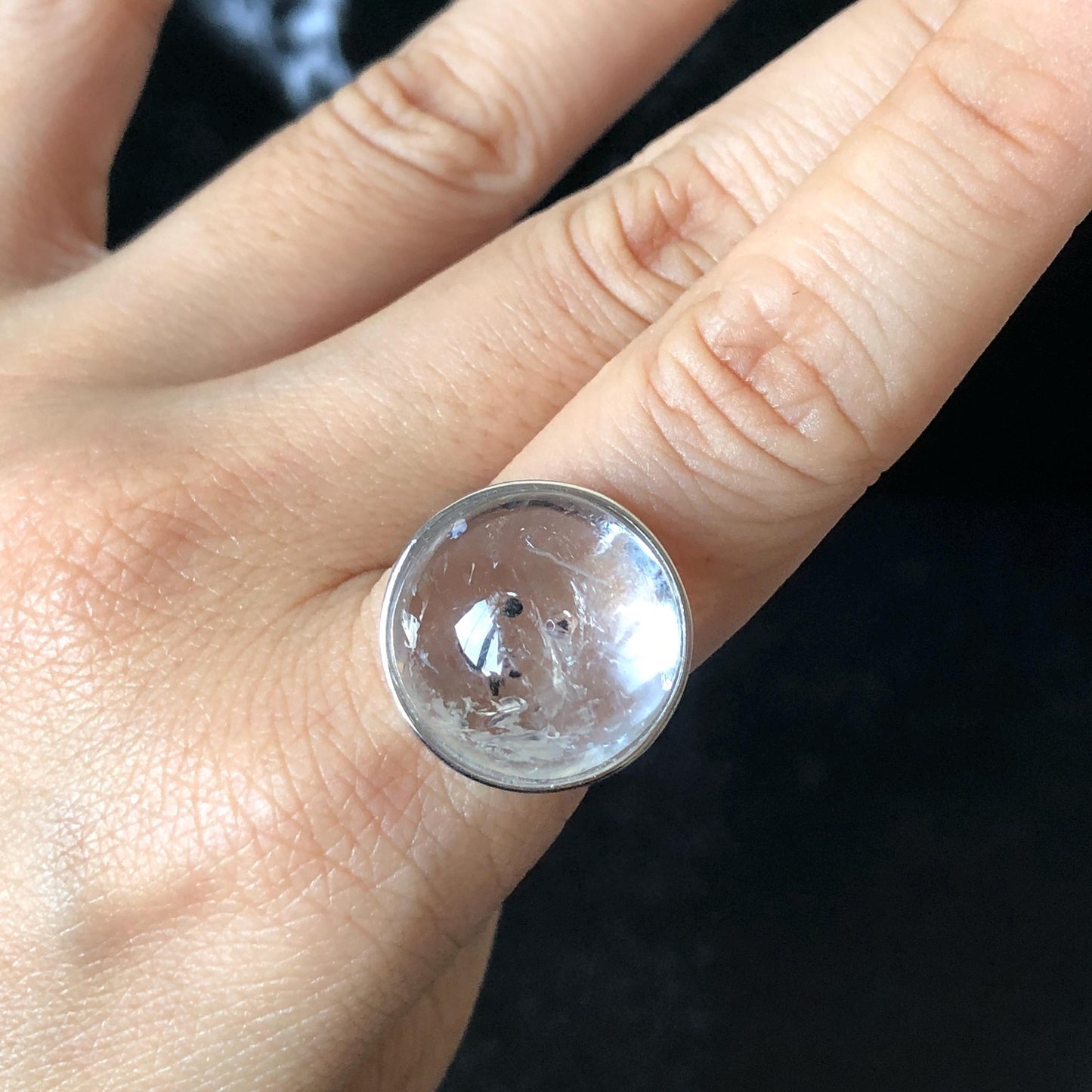 Enhydro Quartz (Herkimer Diamond) S925 Sliver Adjustable Ring: Rare Polished Crystal with Moving Sand & Black Bubble in Manifestation Quartz Natural Gemstone Birthstone Gift for her Statement Ring for Women ring crystal band ring crystal cocktail ring crystal stackable ring 7 chakra crystal ring meditation crystal healing stone birthstone silver ring ring for men rainbow quartz minerals specimen inclusion quartz quartz in quartz