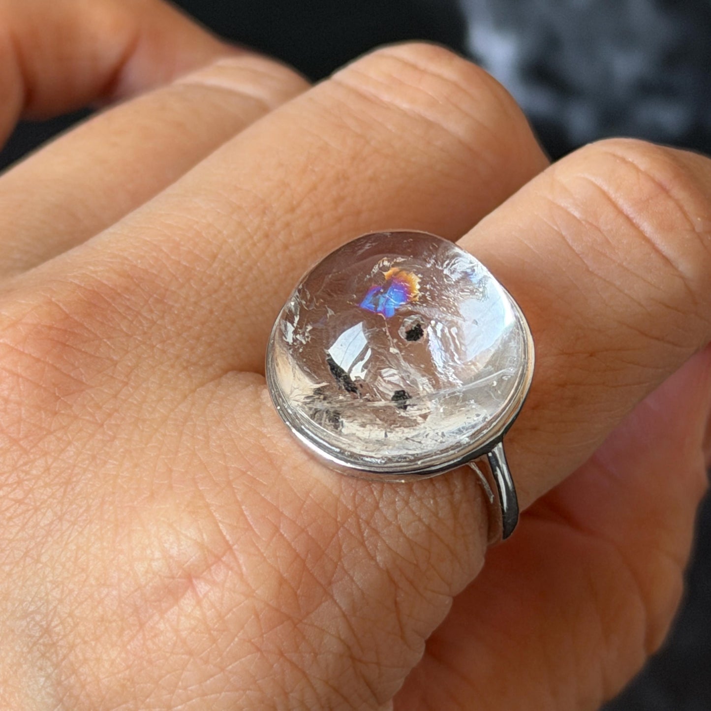 Enhydro Quartz (Herkimer Diamond) S925 Sliver Adjustable Ring: Rare Polished Crystal with Moving Sand & Black Bubble in Manifestation Quartz Natural Gemstone Birthstone Gift for her Statement Ring for Women ring crystal band ring crystal cocktail ring crystal stackable ring 7 chakra crystal ring meditation crystal healing stone birthstone silver ring ring for men rainbow quartz minerals specimen inclusion quartz quartz in quartz