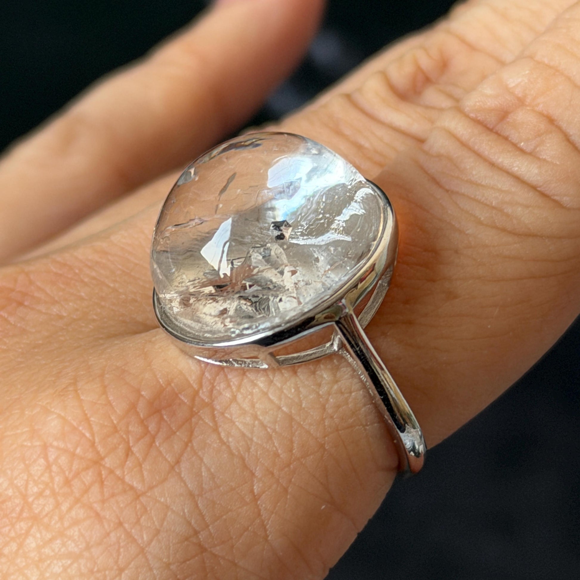 Enhydro Quartz (Herkimer Diamond) S925 Sliver Adjustable Ring: Rare Polished Crystal with Moving Sand & Black Bubble in Manifestation Quartz Natural Gemstone Birthstone Gift for her Statement Ring for Women ring crystal band ring crystal cocktail ring crystal stackable ring 7 chakra crystal ring meditation crystal healing stone birthstone silver ring ring for men rainbow quartz minerals specimen inclusion quartz quartz in quartz