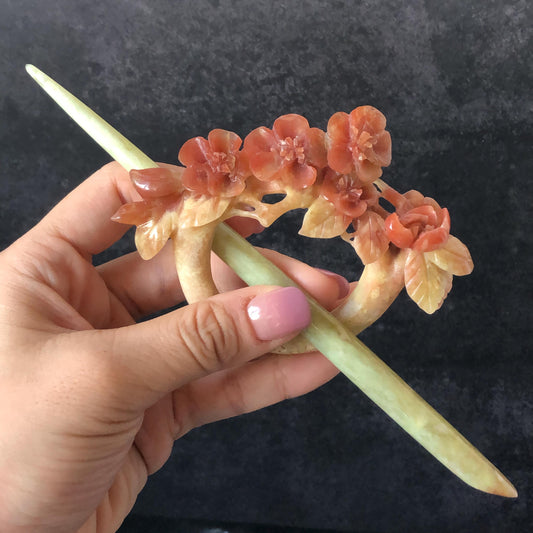 Xiu Jade Serpentine Hand Carved Plum Blossom Flower Hair Pin: Certified Natural Yellow and Red Jade Hair Stick, Asian Vintage Hair Fork Chinese Vintage Hanfu Antique Bridal Hair Fork Gift for her japanese hairpin korean hair stick chinese hair fork vintage hair comb antique hair pins hanfu hair stick bridal shower hair jewelry wedding headpiece engagement hair accessory jade carving hand engraved jade hand carved flower jade hairpins untreated natural jade with certificate flower carving