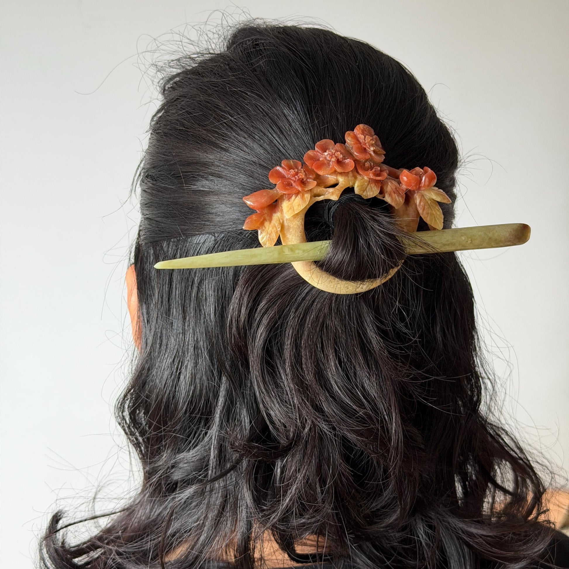 Xiu Jade Serpentine Hand Carved Plum Blossom Flower Hair Pin: Certified Natural Yellow and Red Jade Hair Stick, Asian Vintage Hair Fork Chinese Vintage Hanfu Antique Bridal Hair Fork Gift for her japanese hairpin korean hair stick chinese hair fork vintage hair comb antique hair pins hanfu hair stick bridal shower hair jewelry wedding headpiece engagement hair accessory jade carving hand engraved jade hand carved flower jade hairpins untreated natural jade with certificate flower carving