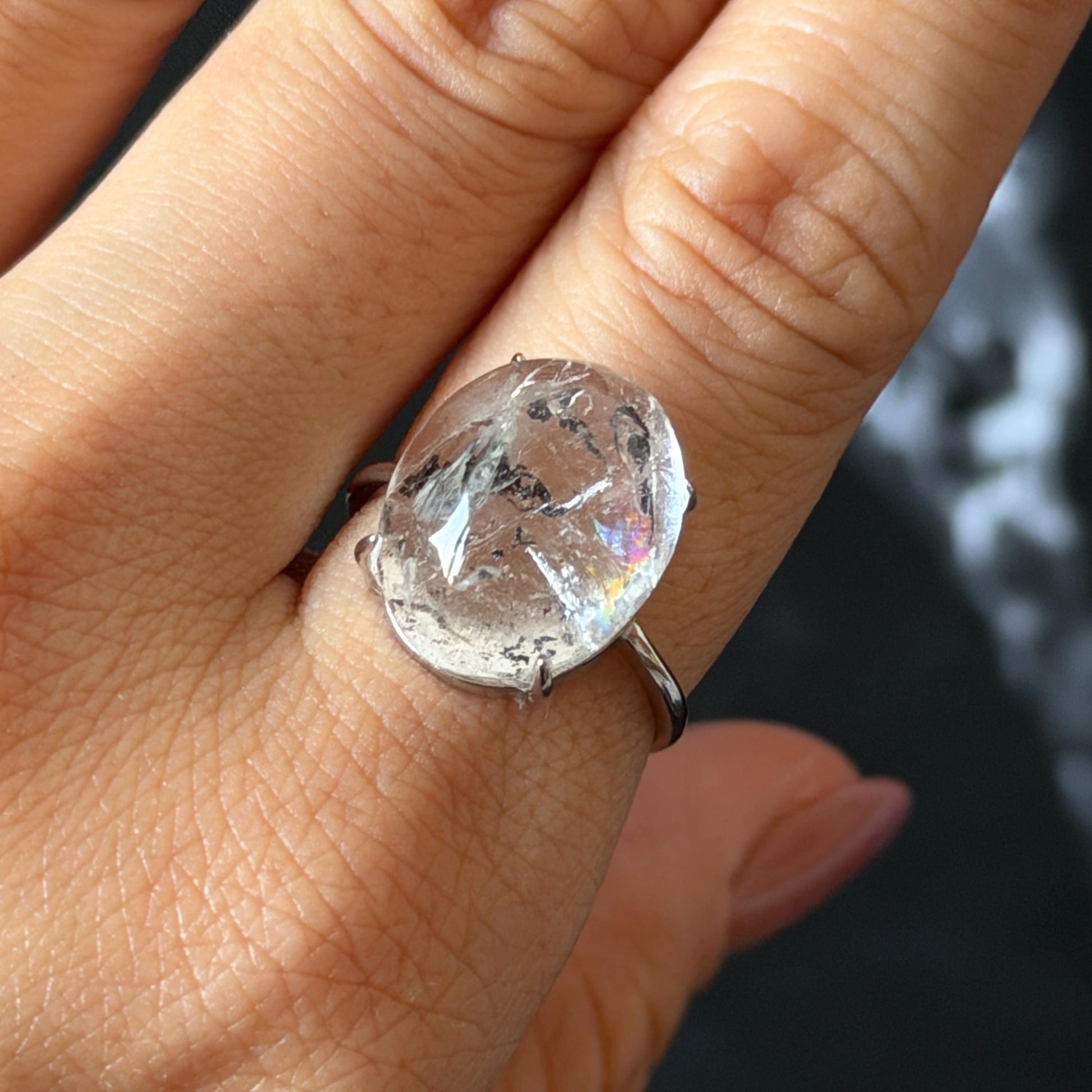 Polished Enhydro Quartz (Herkimer Diamond) S925 Silver Adjustable Ring: Big Rainbow! Moving Black Mica Sand and Black Bubble Inclusion Crystal Statement Ring for Women ring crystal band ring crystal cocktail ring crystal stackable ring 7 chakra crystal ring meditation crystal healing stone birthstone silver ring ring for men rainbow quartz inclusion quartz inclusion crystal minerals specimen silver ring free size ring adjustable ring holder black mica