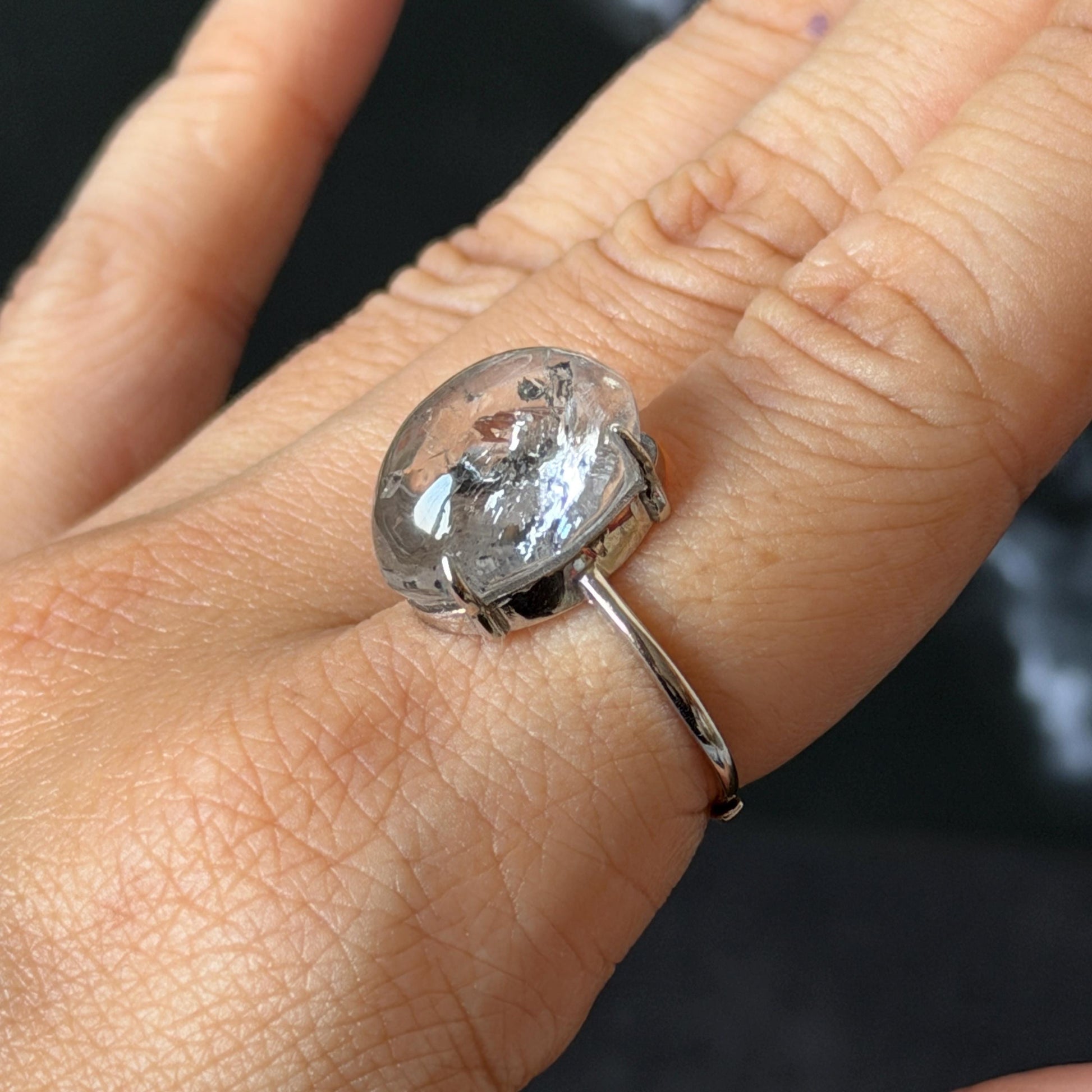 Polished Enhydro Quartz (Herkimer Diamond) S925 Silver Adjustable Ring: Big Rainbow! Moving Black Mica Sand and Black Bubble Inclusion Crystal Statement Ring for Women ring crystal band ring crystal cocktail ring crystal stackable ring 7 chakra crystal ring meditation crystal healing stone birthstone silver ring ring for men rainbow quartz inclusion quartz inclusion crystal minerals specimen silver ring free size ring adjustable ring holder black mica