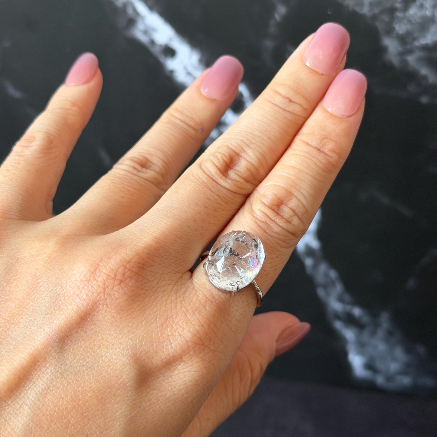 Polished Enhydro Quartz (Herkimer Diamond) S925 Silver Adjustable Ring: Big Rainbow! Moving Black Mica Sand and Black Bubble Inclusion Crystal Statement Ring for Women ring crystal band ring crystal cocktail ring crystal stackable ring 7 chakra crystal ring meditation crystal healing stone birthstone silver ring ring for men rainbow quartz inclusion quartz inclusion crystal minerals specimen silver ring free size ring adjustable ring holder black mica