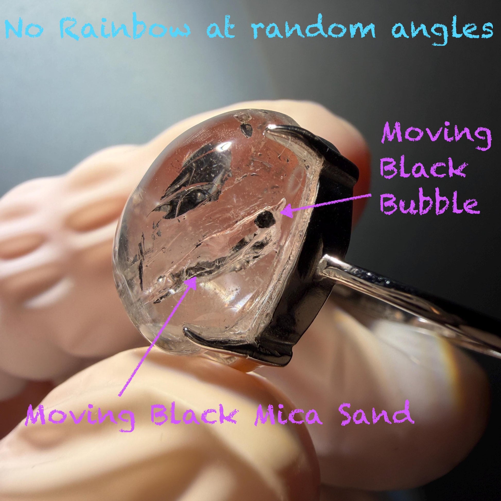 Polished Enhydro Quartz (Herkimer Diamond) S925 Silver Adjustable Ring: Big Rainbow! Moving Black Mica Sand and Black Bubble Inclusion Crystal Statement Ring for Women ring crystal band ring crystal cocktail ring crystal stackable ring 7 chakra crystal ring meditation crystal healing stone birthstone silver ring ring for men rainbow quartz inclusion quartz inclusion crystal minerals specimen silver ring free size ring adjustable ring holder black mica