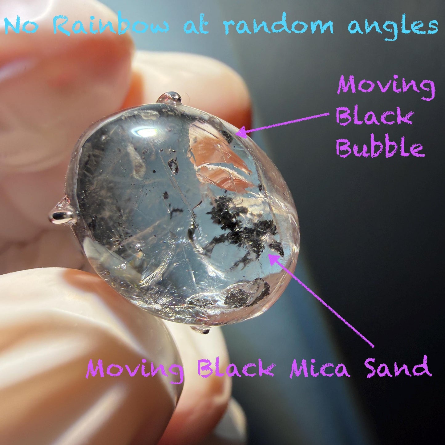 Polished Enhydro Quartz (Herkimer Diamond) S925 Silver Adjustable Ring: Big Rainbow! Moving Black Mica Sand and Black Bubble Inclusion Crystal Statement Ring for Women ring crystal band ring crystal cocktail ring crystal stackable ring 7 chakra crystal ring meditation crystal healing stone birthstone silver ring ring for men rainbow quartz inclusion quartz inclusion crystal minerals specimen silver ring free size ring adjustable ring holder black mica