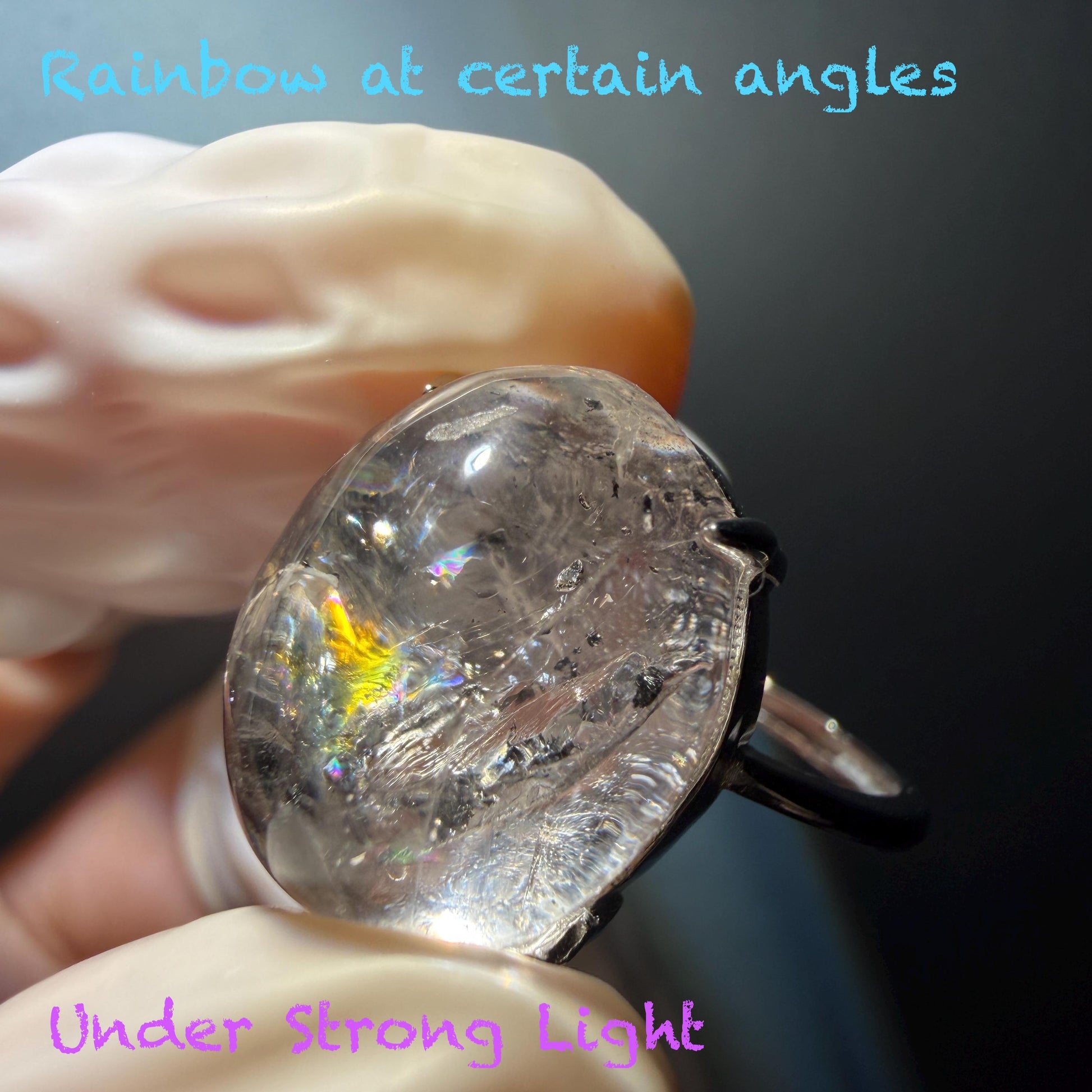 Polished Enhydro Quartz (Herkimer Diamond) S925 Silver Adjustable Ring: Big Rainbow! Moving Black Mica Sand and Black Bubble Inclusion Crystal Statement Ring for Women ring crystal band ring crystal cocktail ring crystal stackable ring 7 chakra crystal ring meditation crystal healing stone birthstone silver ring ring for men rainbow quartz inclusion quartz inclusion crystal minerals specimen silver ring free size ring adjustable ring holder black mica