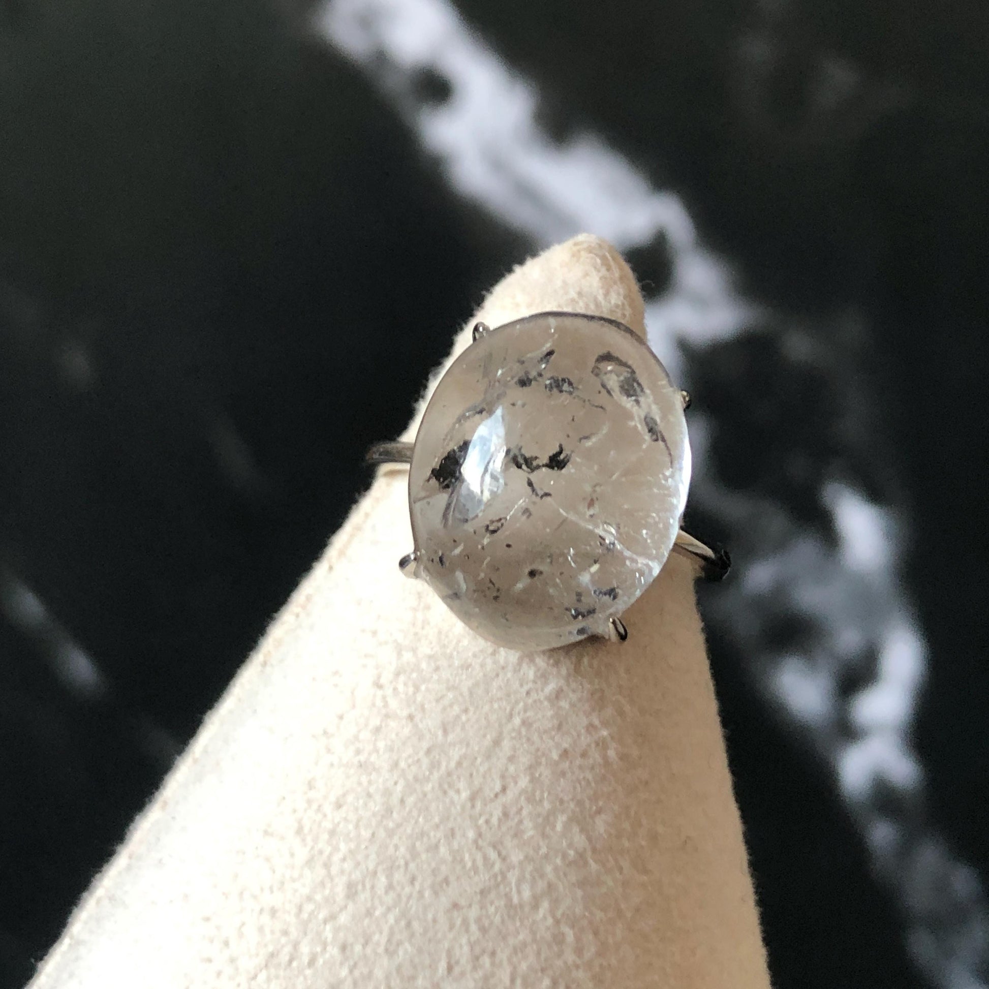 Polished Enhydro Quartz (Herkimer Diamond) S925 Silver Adjustable Ring: Big Rainbow! Moving Black Mica Sand and Black Bubble Inclusion Crystal Statement Ring for Women ring crystal band ring crystal cocktail ring crystal stackable ring 7 chakra crystal ring meditation crystal healing stone birthstone silver ring ring for men rainbow quartz inclusion quartz inclusion crystal minerals specimen silver ring free size ring adjustable ring holder black mica