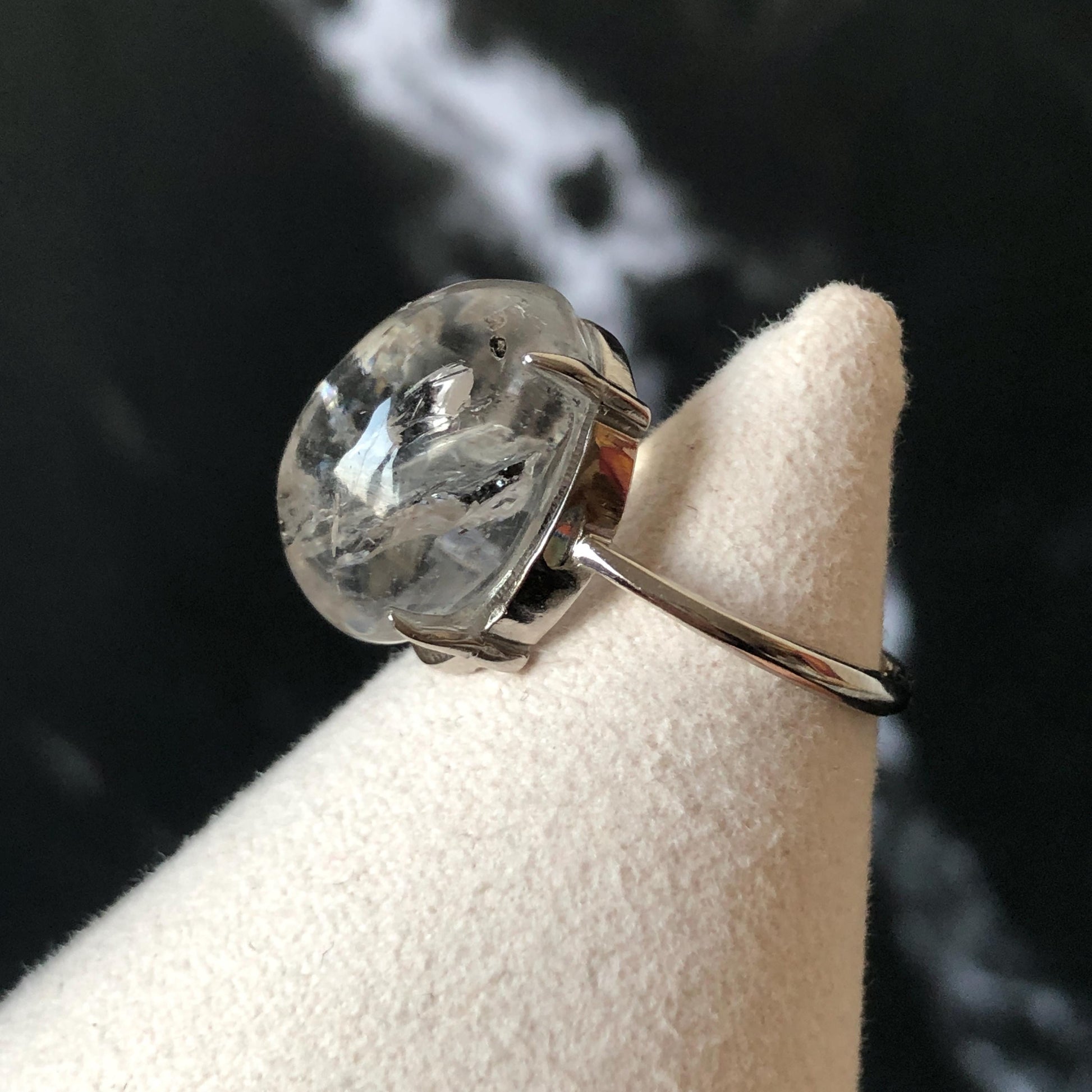 Polished Enhydro Quartz (Herkimer Diamond) S925 Silver Adjustable Ring: Big Rainbow! Moving Black Mica Sand and Black Bubble Inclusion Crystal Statement Ring for Women ring crystal band ring crystal cocktail ring crystal stackable ring 7 chakra crystal ring meditation crystal healing stone birthstone silver ring ring for men rainbow quartz inclusion quartz inclusion crystal minerals specimen silver ring free size ring adjustable ring holder black mica