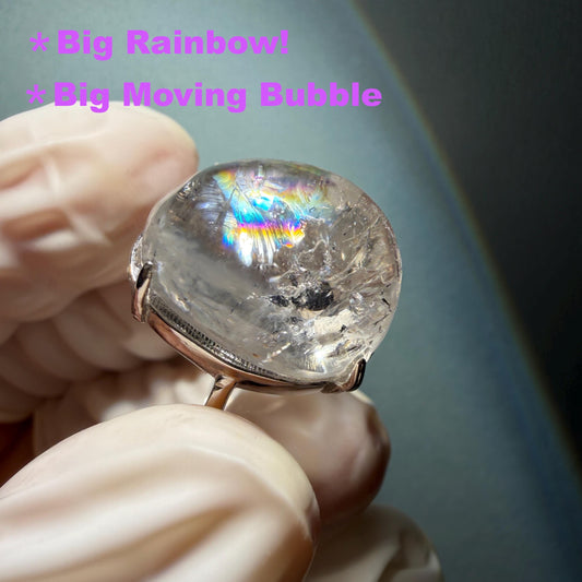 Polished Enhydro Quartz (Herkimer Diamond) S925 Silver Adjustable Ring: Big Rainbow! Moving Black Bubble Inclusion Crystal Statement Ring for Women ring crystal band ring crystal cocktail ring crystal stackable ring 7 chakra crystal ring meditation crystal healing stone birthstone silver ring ring for men rainbow quartz inclusion quartz inclusion crystal minerals specimen silver ring free size ring adjustable ring holder